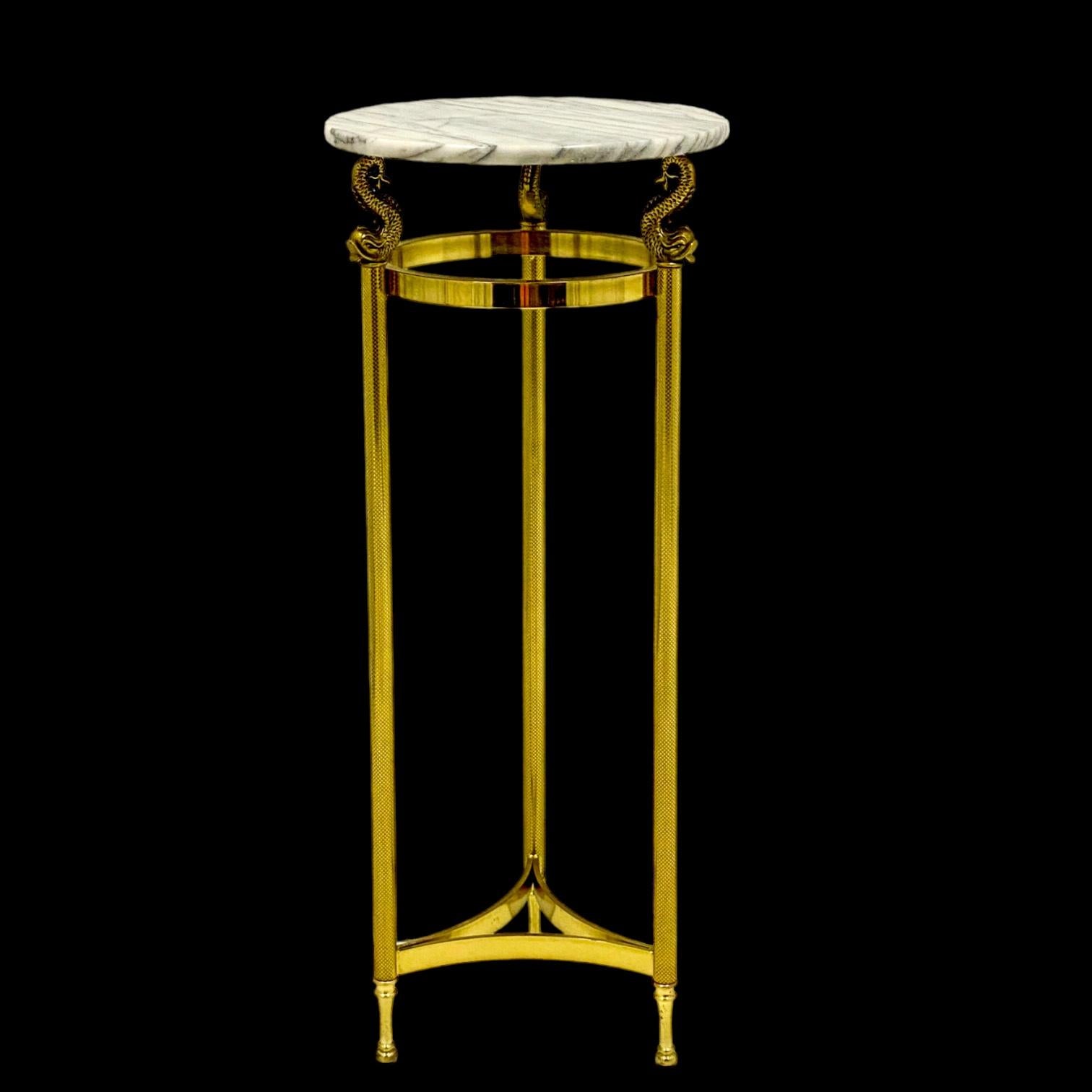 Italian Neo-Classical Style Brass Dolphin And Marble Pedestal / Plant Stand / Table For Sale