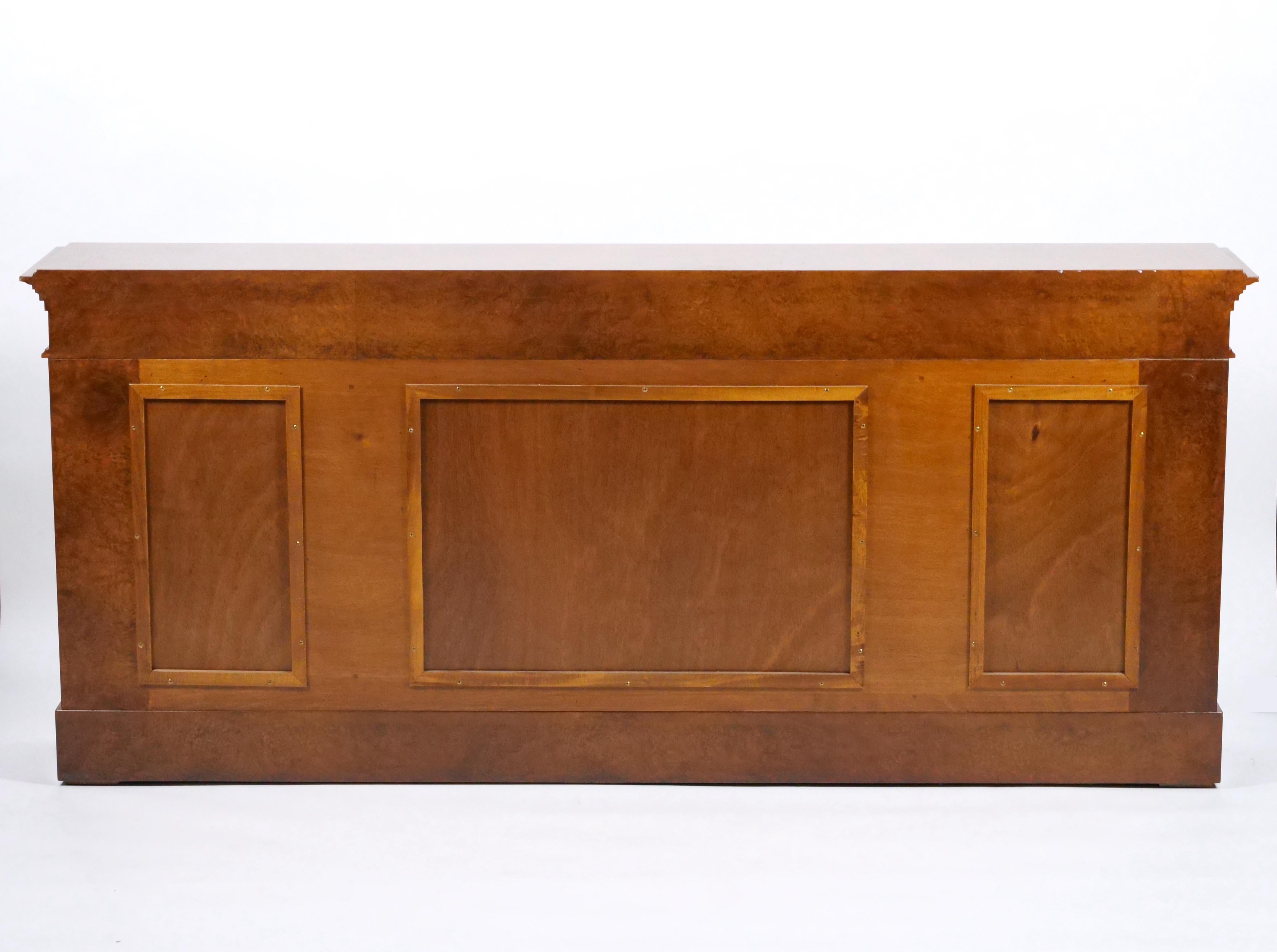 Neo Classical Style Burl Walnut Mirrored Back Console Table / Credenzas For Sale 4
