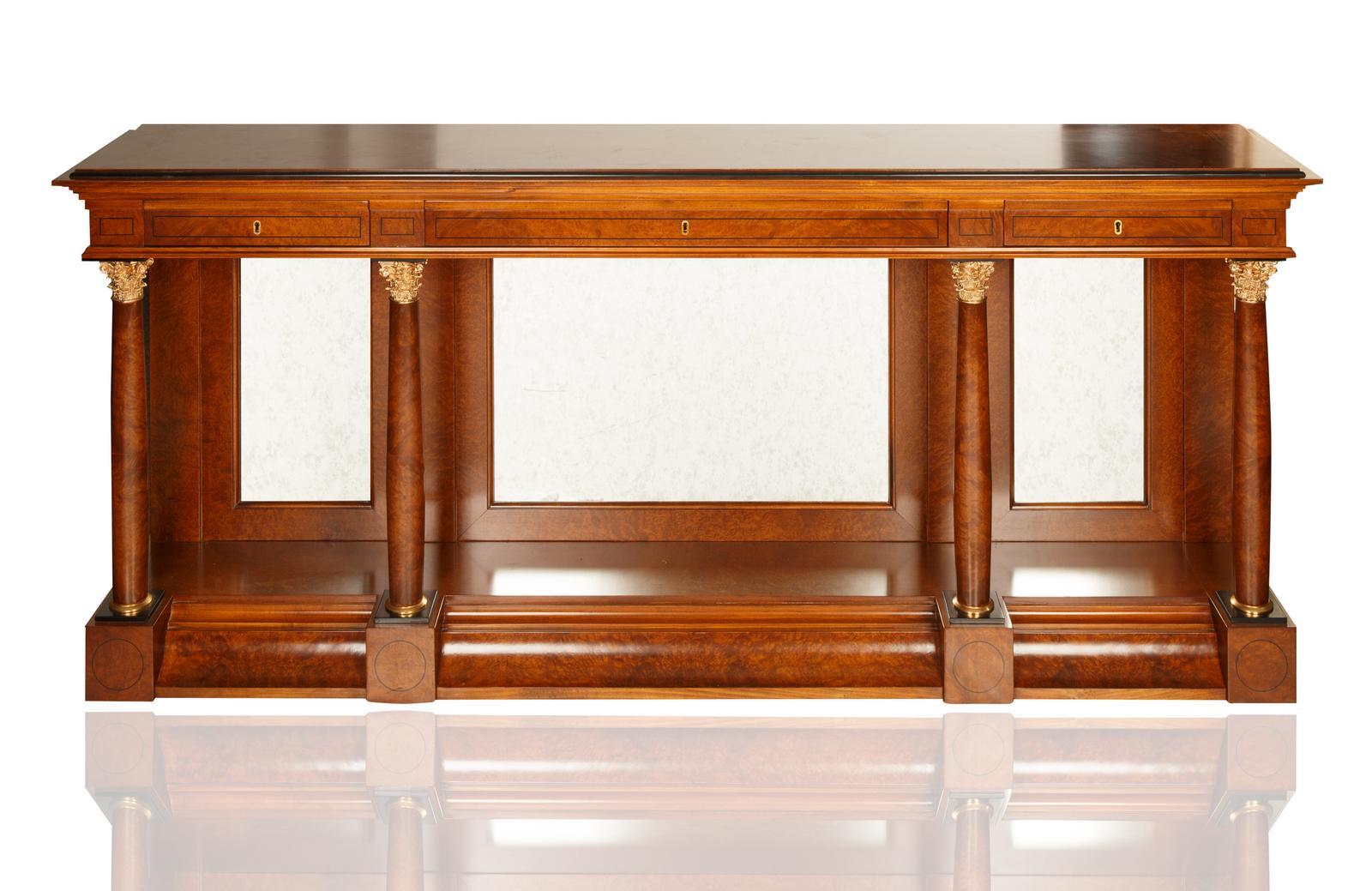 Neo Classical Style Burl Walnut Mirrored Back Console Table / Credenzas For Sale 5