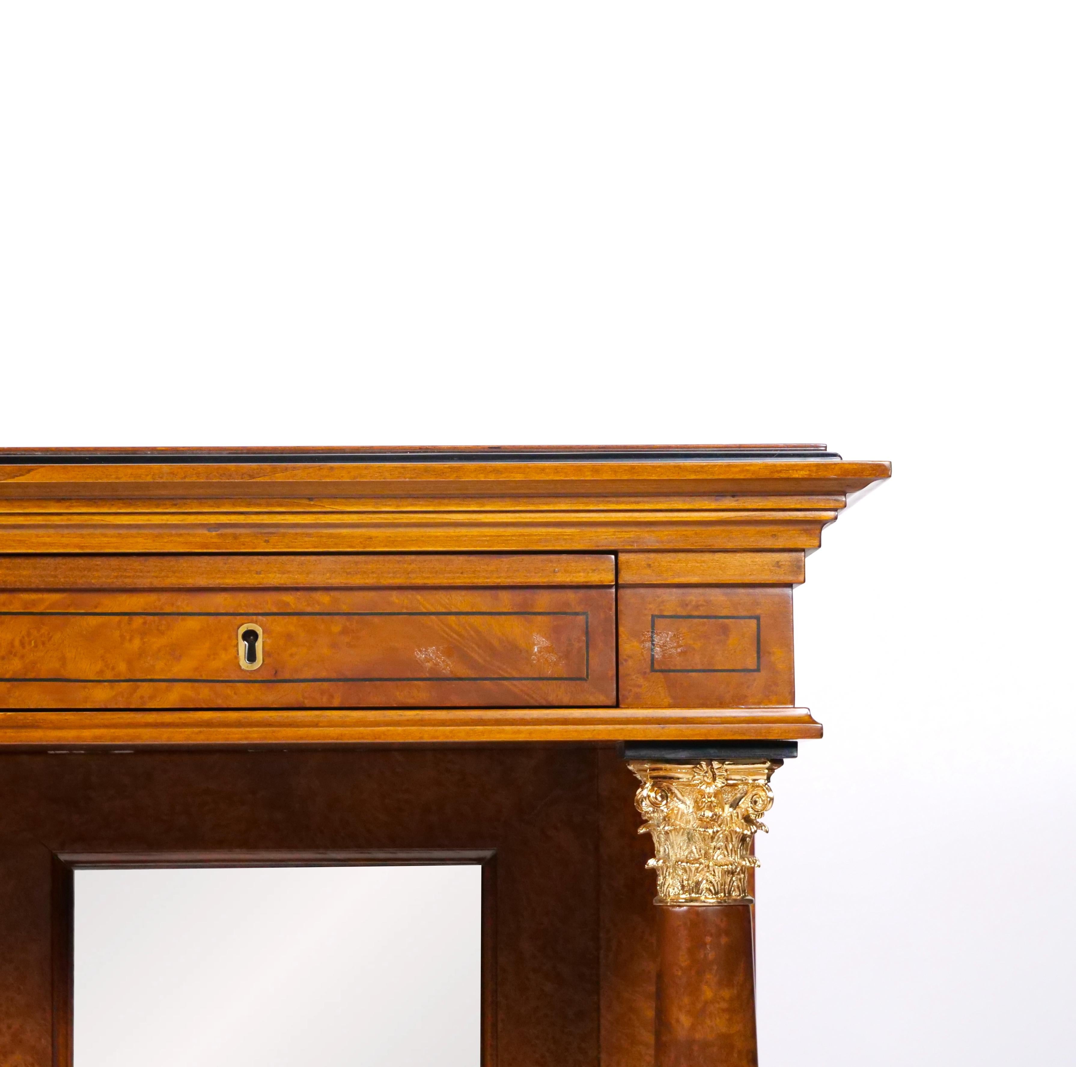 Neo Classical Style Burl Walnut Mirrored Back Console Table / Credenzas In Good Condition For Sale In Tarry Town, NY