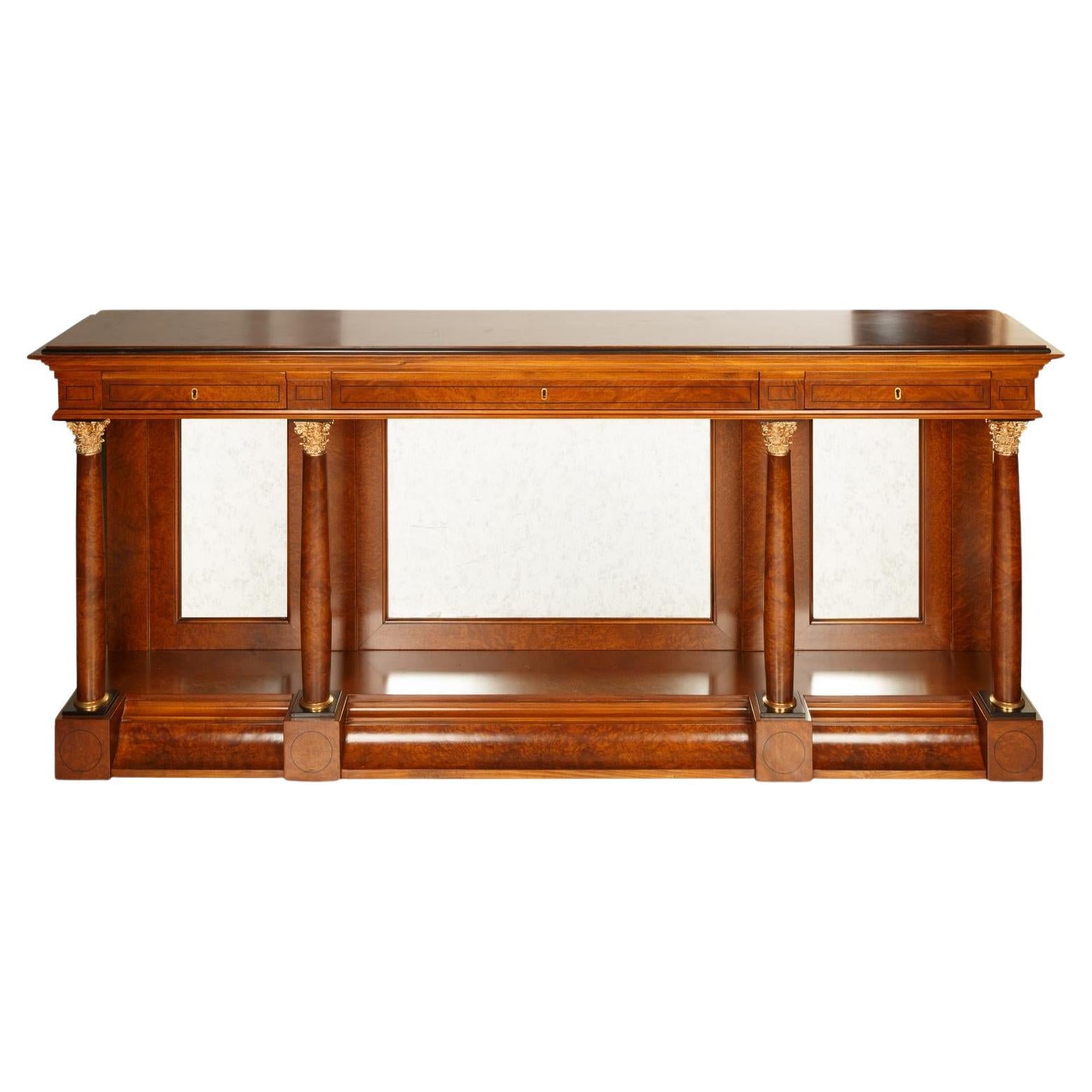 Neo Classical Style Burl Walnut Mirrored Back Console Table / Credenzas