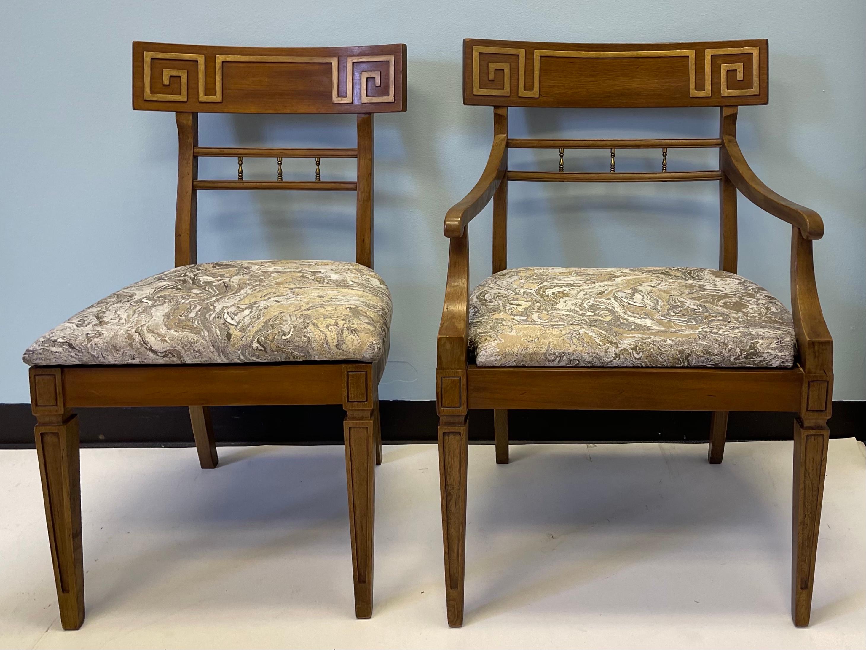 Love these, and dining season is a breath away! This is a set of neo-classical style carved walnut dining chairs by John Widdicomb. The gray marbleized fabric is new. They are in very good condition. Side chairs: 19.5” L x 22” W x 34” H.