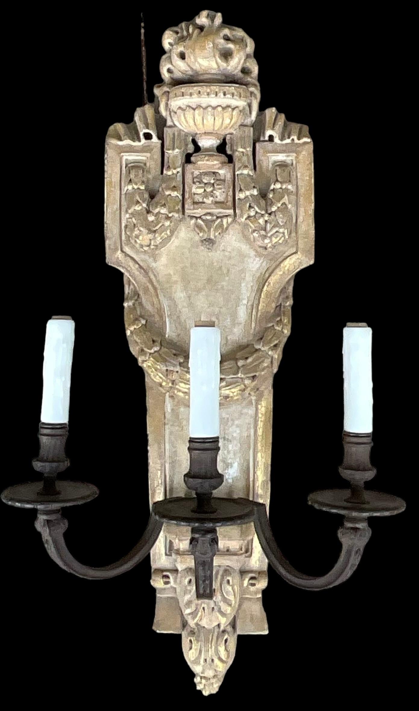 Neoclassical Neo-Classical Style Carved Wood Sconces W/ Urns & Draping Laurel Garland -Pair  For Sale