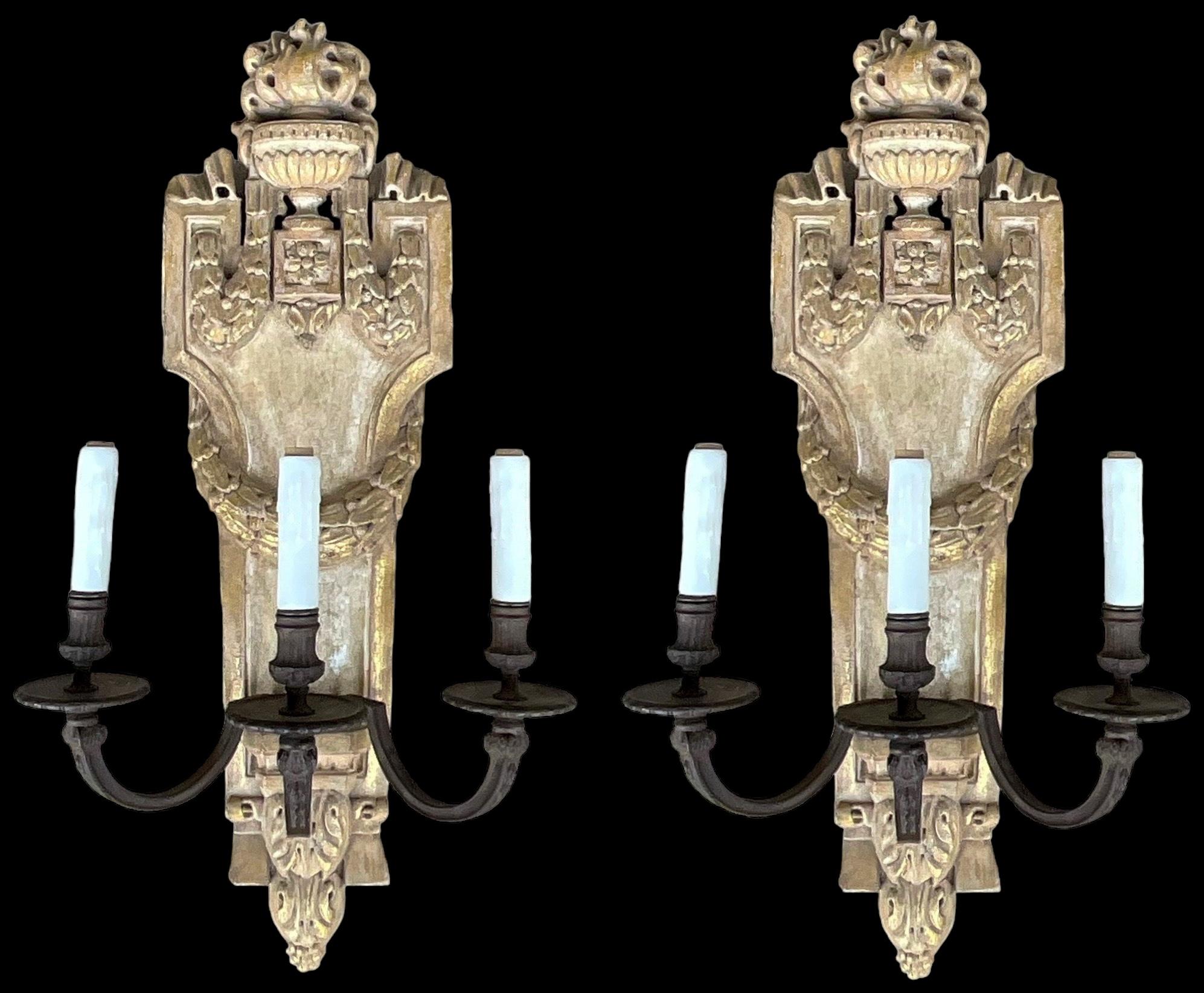 Italian Neo-Classical Style Carved Wood Sconces W/ Urns & Draping Laurel Garland -Pair  For Sale