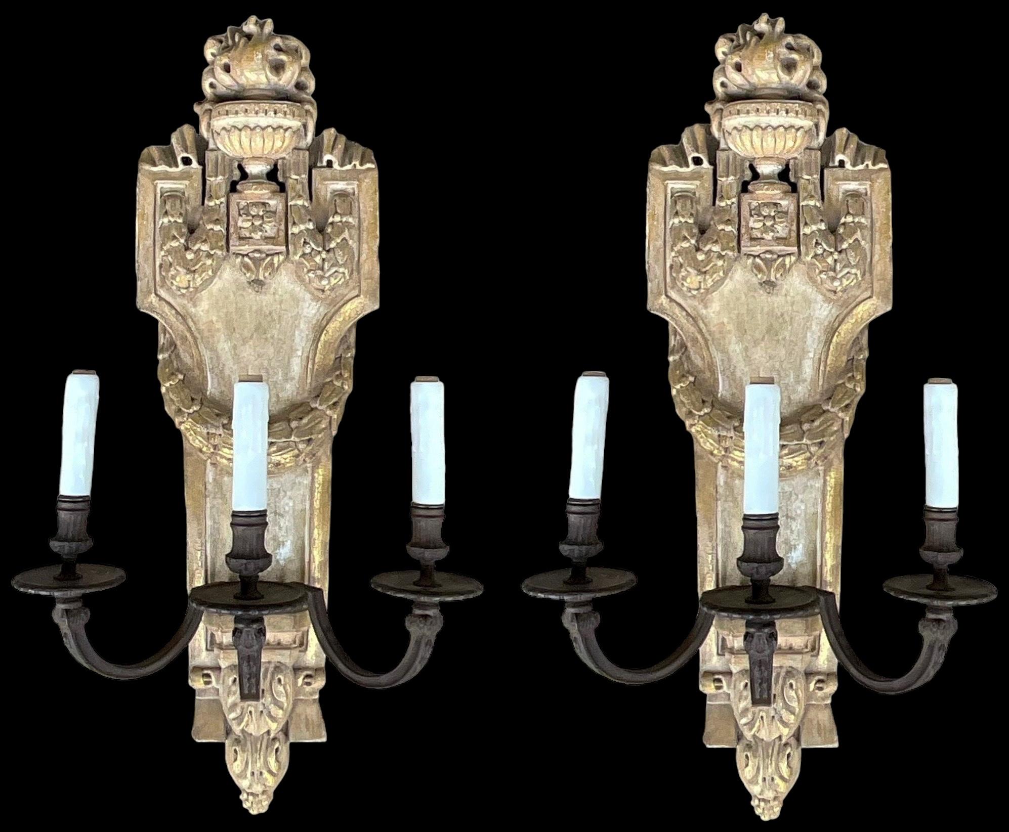 Italian Neo-Classical Style Carved Wood Sconces W/ Urns & Draping Laurel Garland -Pair For Sale