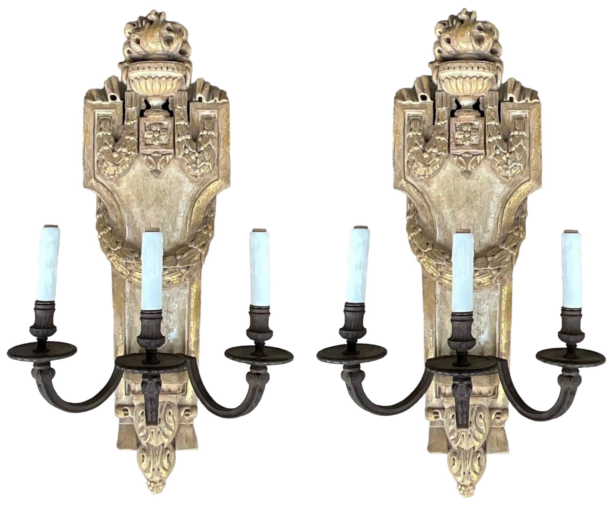 20th Century Neo-Classical Style Carved Wood Sconces W/ Urns & Draping Laurel Garland -Pair  For Sale
