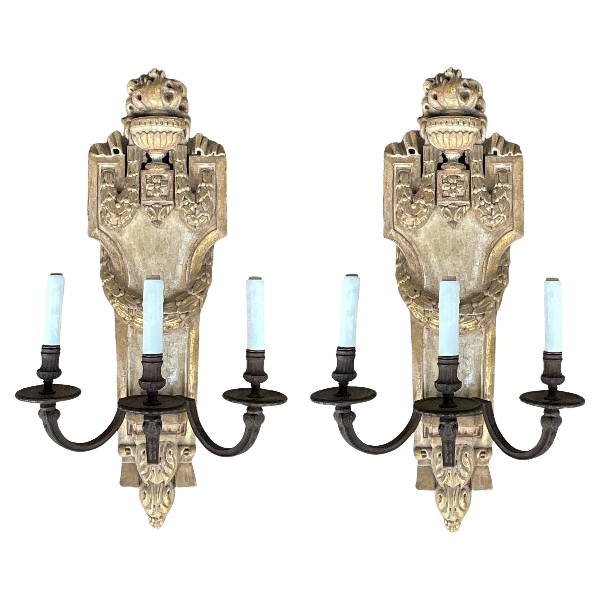 Neo-Classical Style Carved Wood Sconces W/ Urns & Draping Laurel Garland -Pair  For Sale