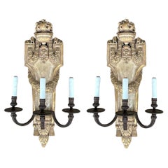 Neo-Classical Style Carved Wood Sconces W/ Urns & Draping Laurel Garland -Pair 