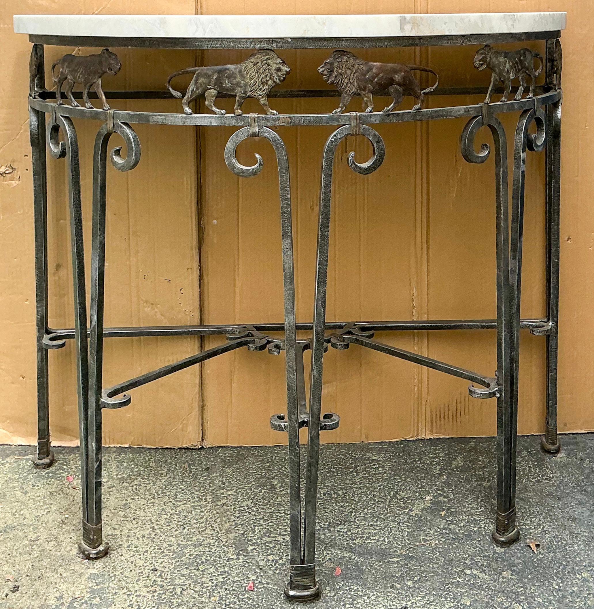 Konsolentische aus Gusseisen und Bronze im neoklassischen Stil mit geflochtenen Marmorplatten – Paar 6