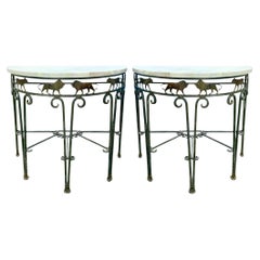 Neo-Classical Style Cast Iron & Bronze Console Tables Honed Marble Tops - Pair