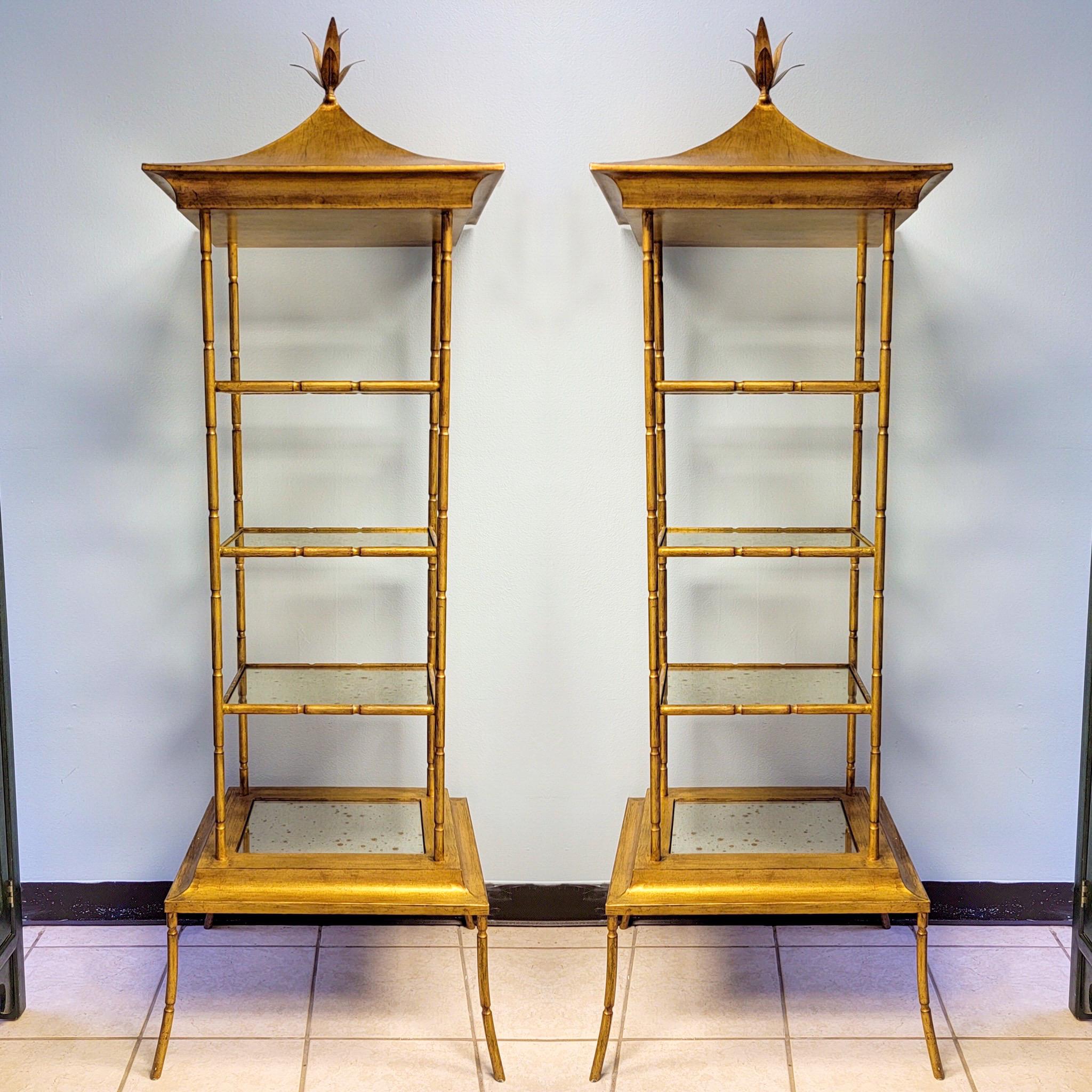 Neo-Classical Style Chinoiserie Pagoda Form Gilt Tole Metal Etageres, Pair In Excellent Condition In Kennesaw, GA