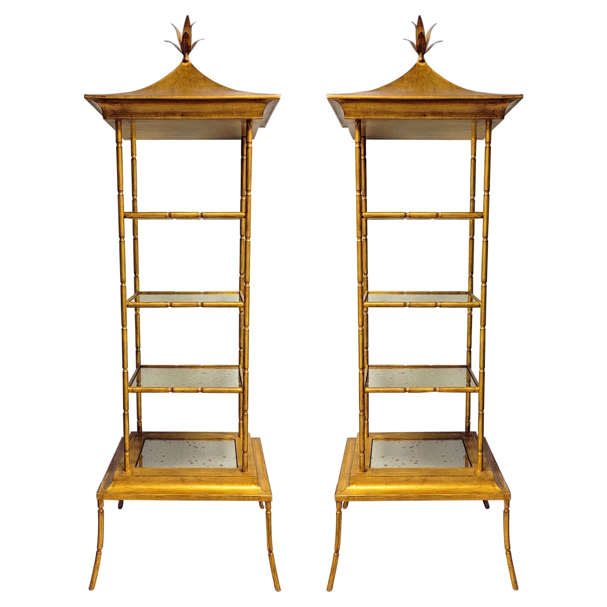 Neo-Classical Style Chinoiserie Pagoda Form Gilt Tole Metal Etageres, Pair