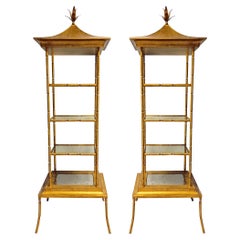 Neo-Classical Style Chinoiserie Pagoda Form Gilt Tole Metal Etageres, Pair