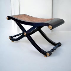 Neo-Classical Style Ebonized & Cane X-Base Bench / Ottoman By Baker Furniture