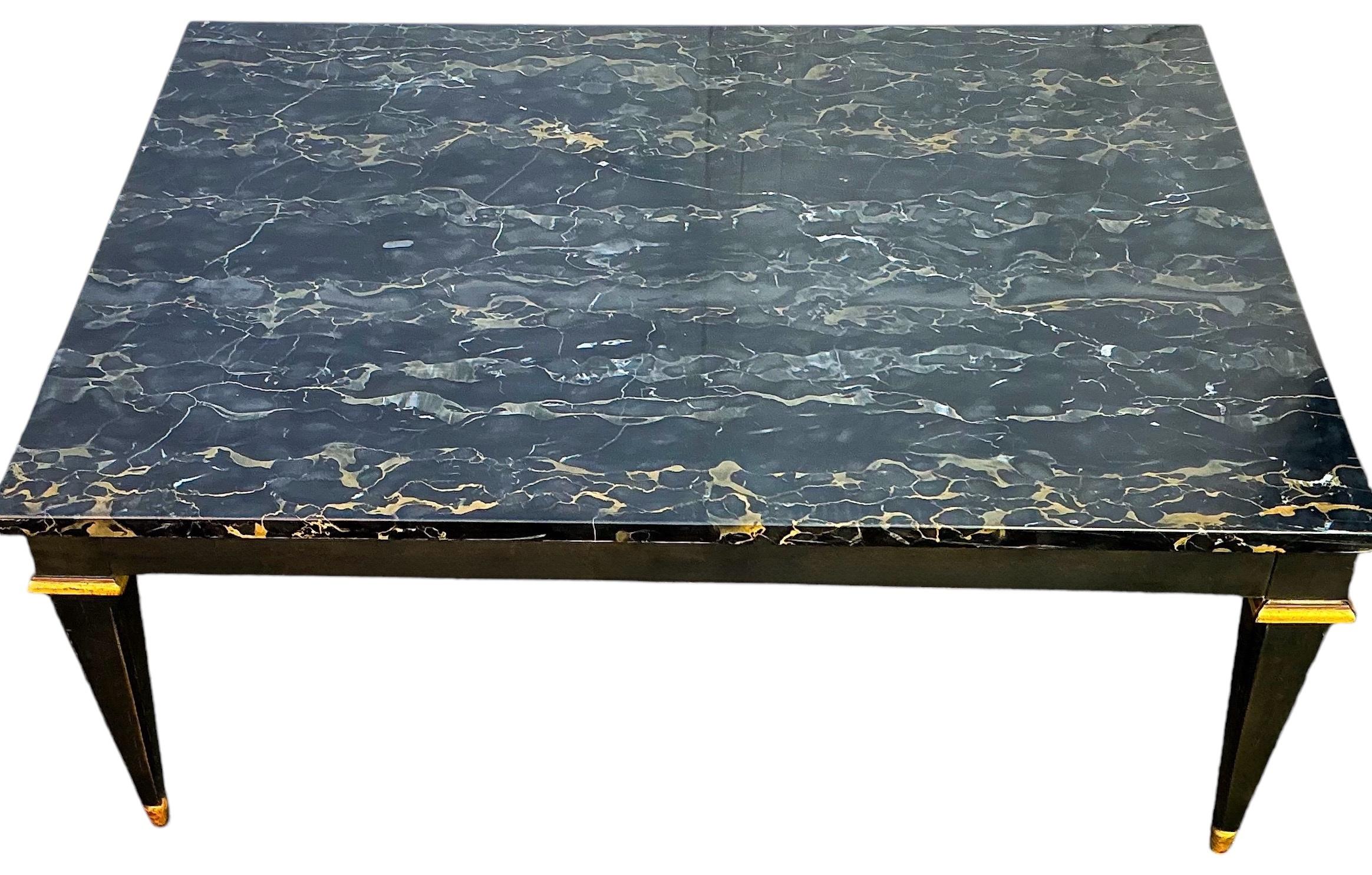 Neo-Classical Style Ebonized & Gilt Marble Top Coffee Table By Baker Furniture In Good Condition For Sale In Kennesaw, GA