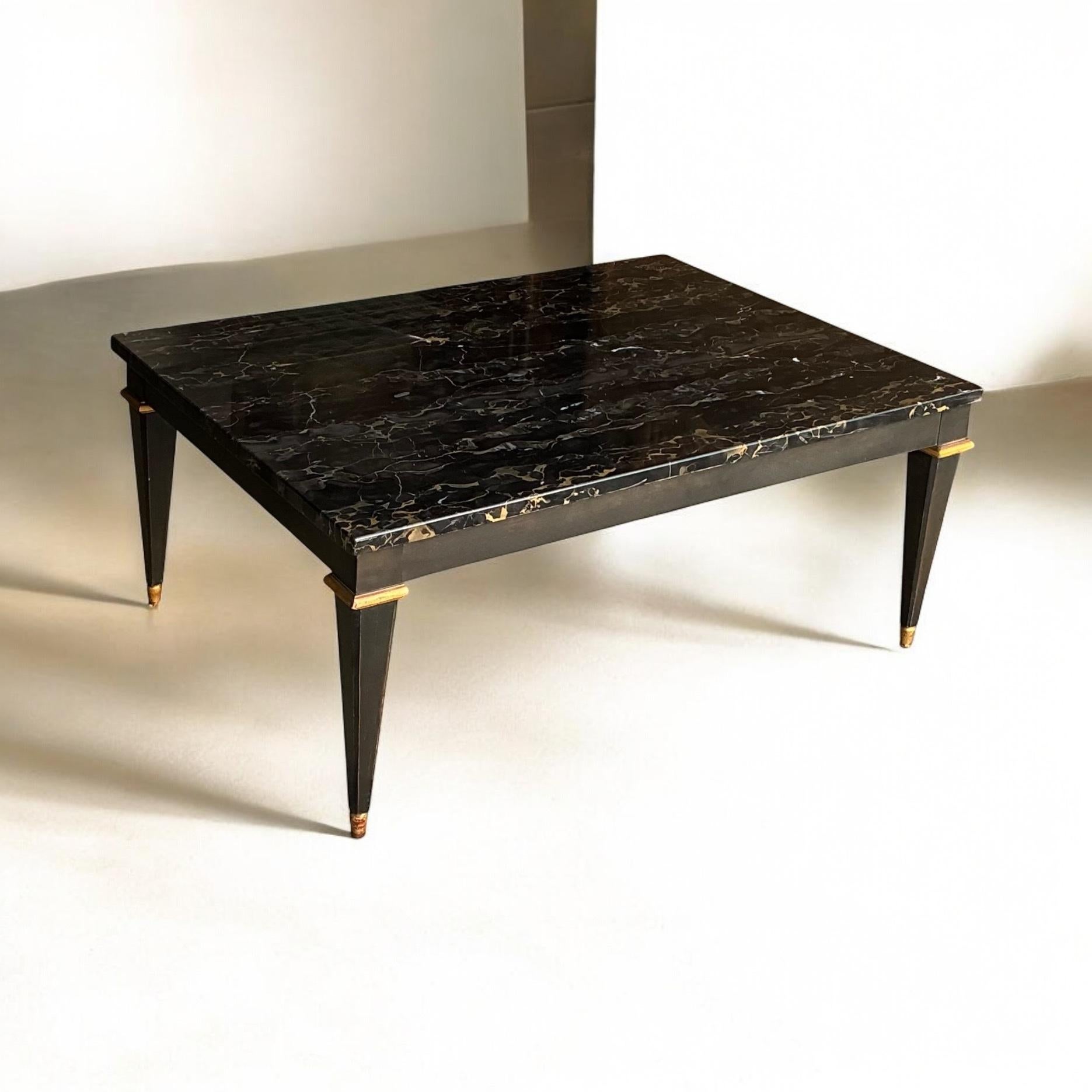 20th Century Neo-Classical Style Ebonized & Gilt Marble Top Coffee Table By Baker Furniture For Sale