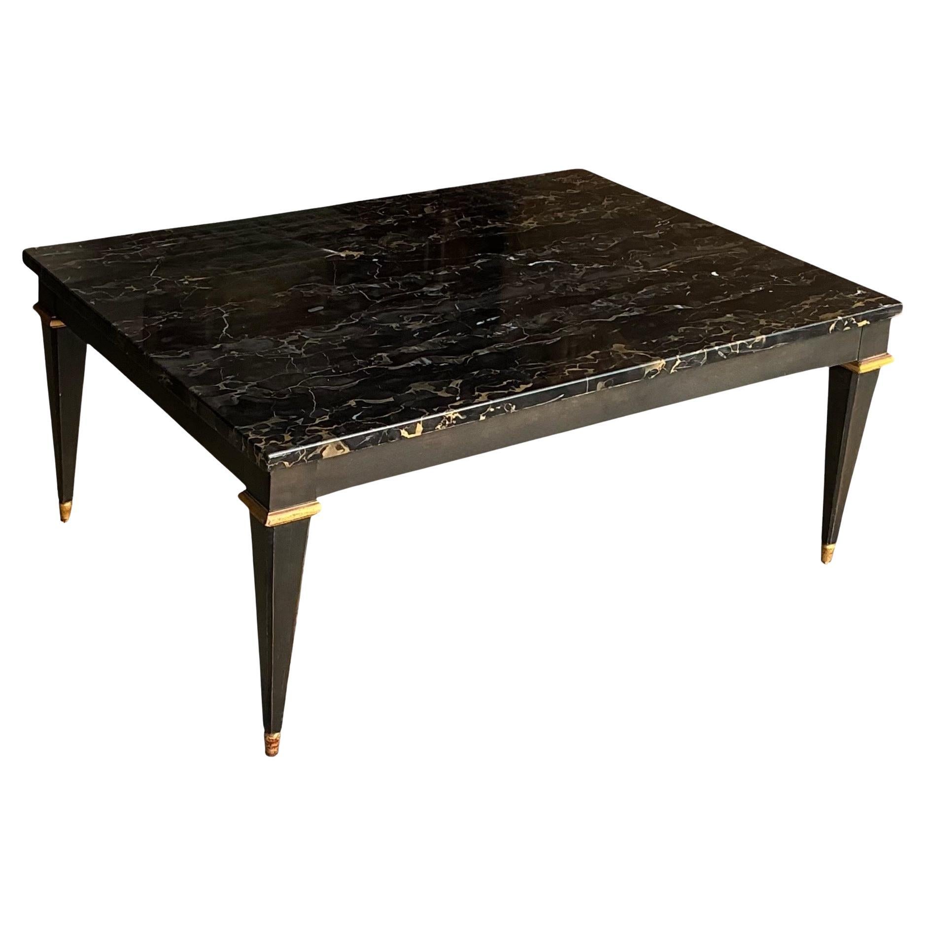 Neo-Classical Style Ebonized & Gilt Marble Top Coffee Table By Baker Furniture