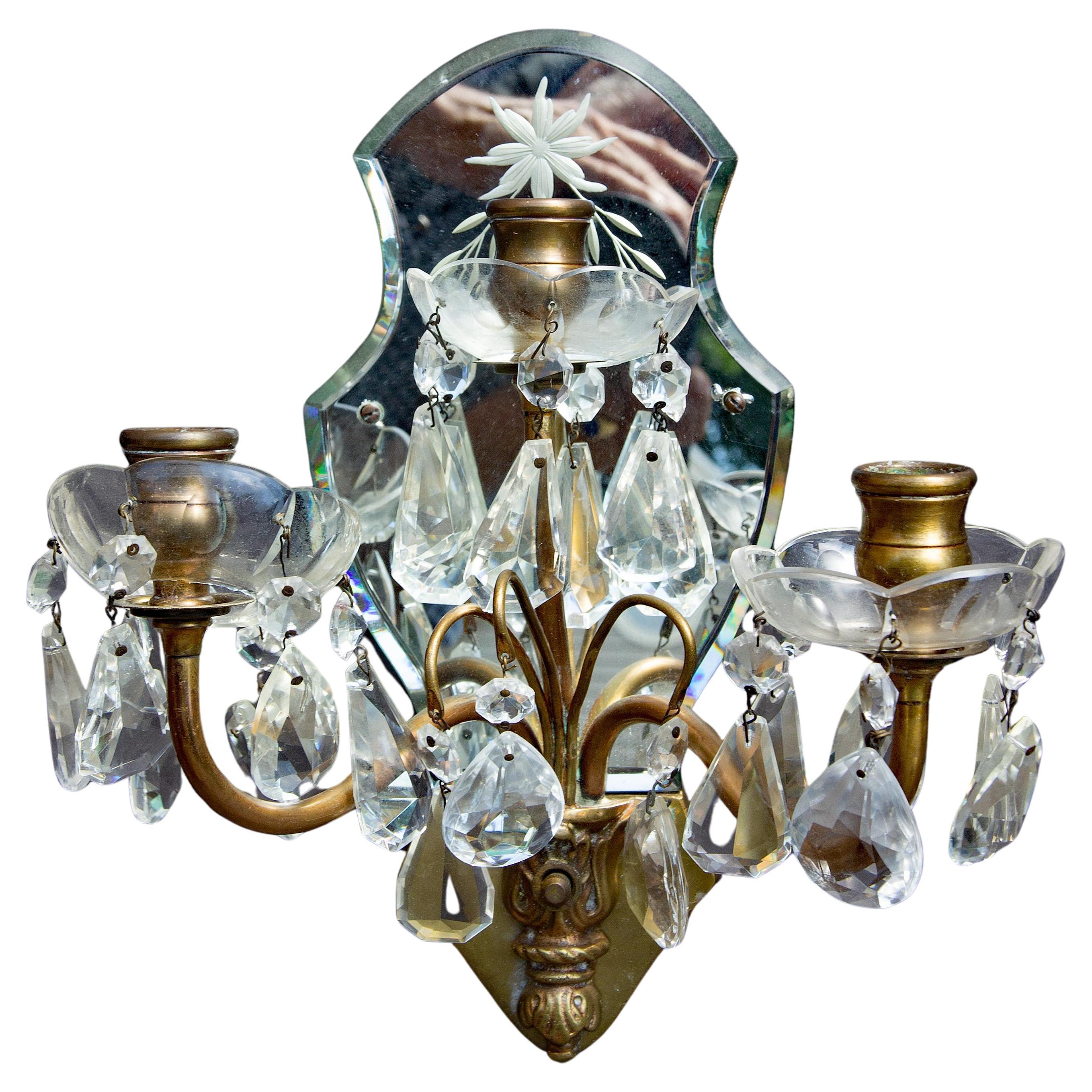 Set of four etched mirror backed sconces with crystals. Early 20th century.