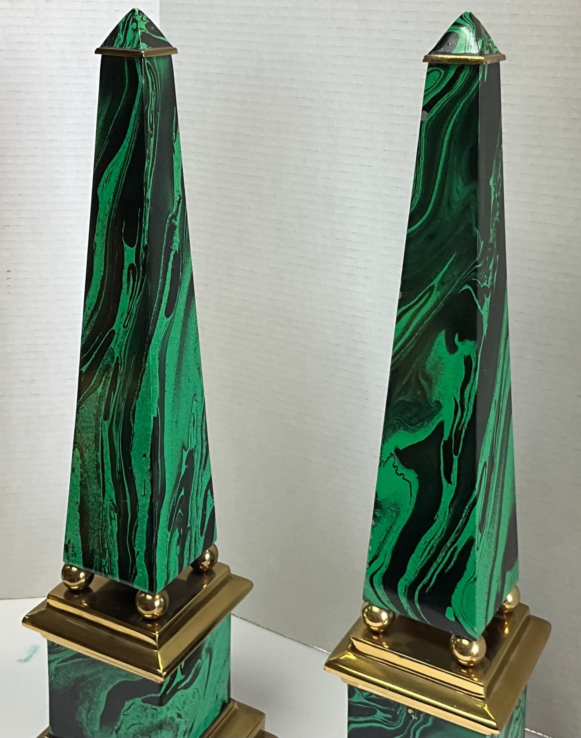 Neoclassical Neo-Classical Style Faux Malachite Brass Table Top Obelisks, Pair