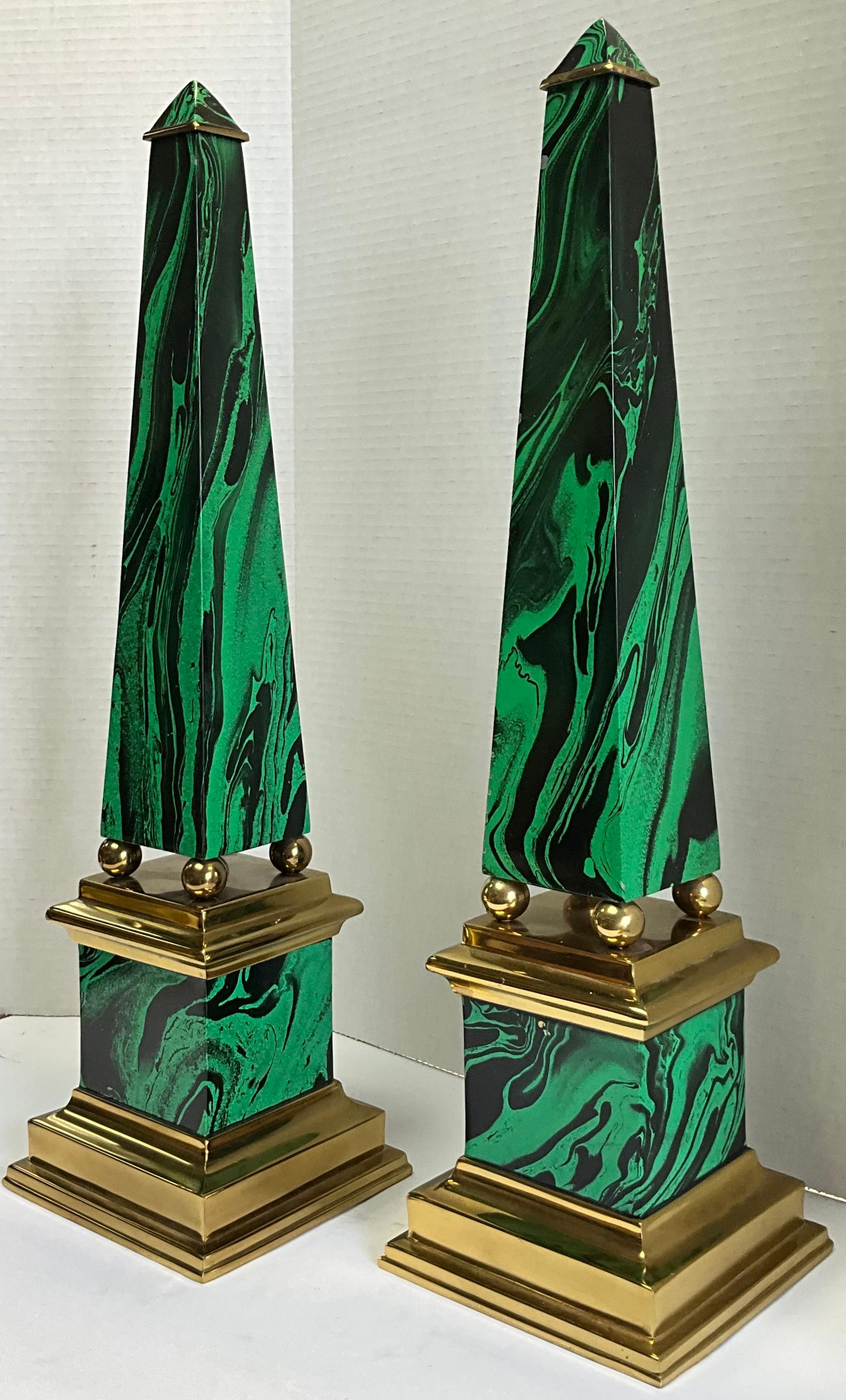 Italian Neo-Classical Style Faux Malachite Brass Table Top Obelisks, Pair