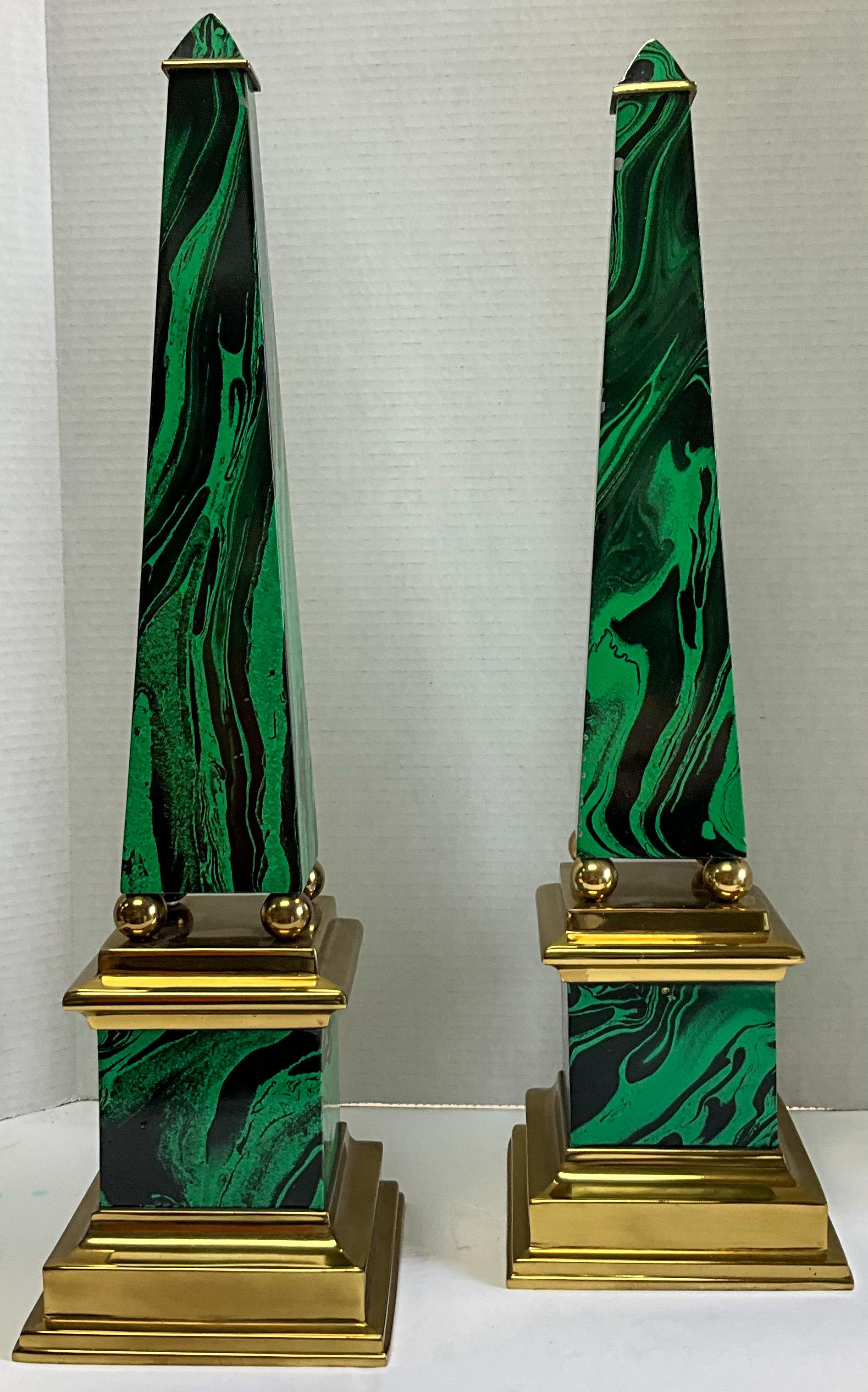 Neo-Classical Style Faux Malachite Brass Table Top Obelisks, Pair In Good Condition In Kennesaw, GA