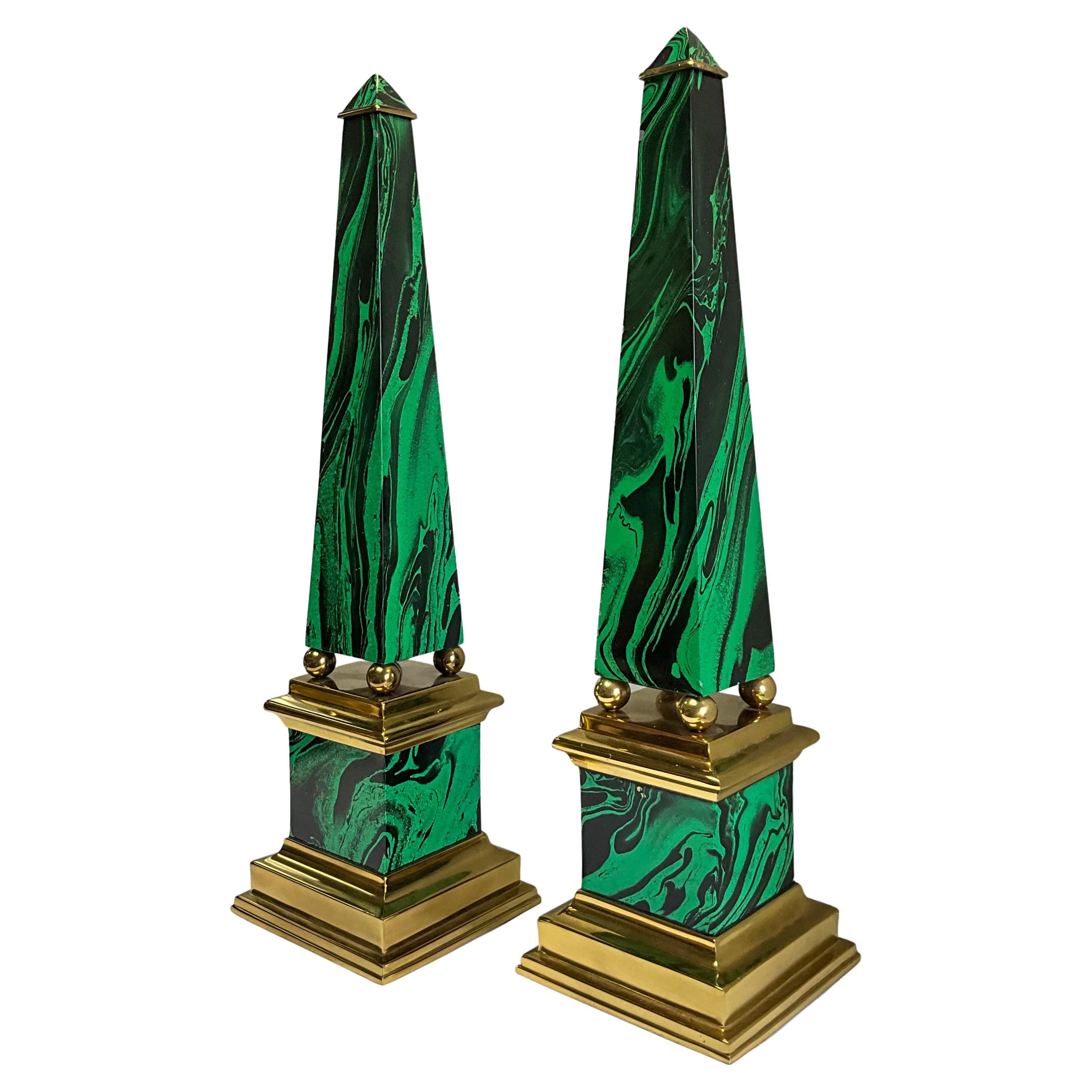 Neo-Classical Style Faux Malachite Brass Table Top Obelisks, Pair