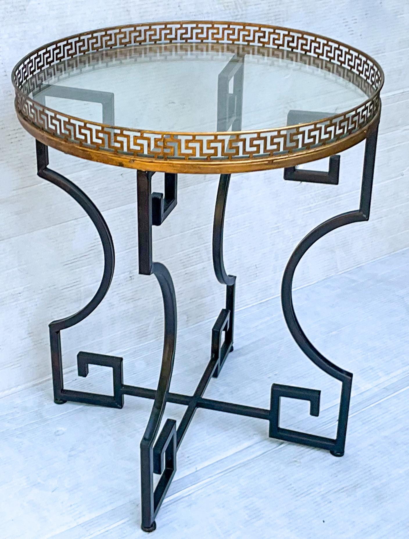 Neoclassical Neo-Classical Style Greek Key And Brass Glass Top Side / Drinks / Sofa Table For Sale