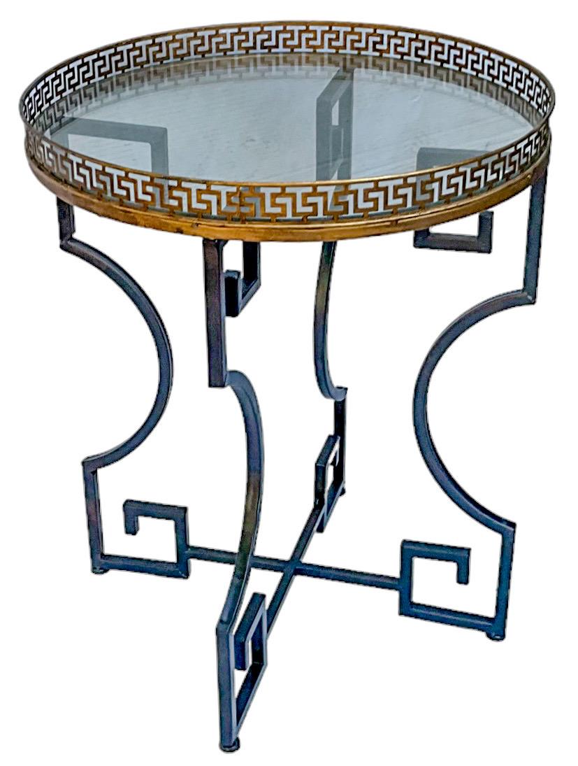 Contemporary Neo-Classical Style Greek Key And Brass Glass Top Side / Drinks / Sofa Table For Sale