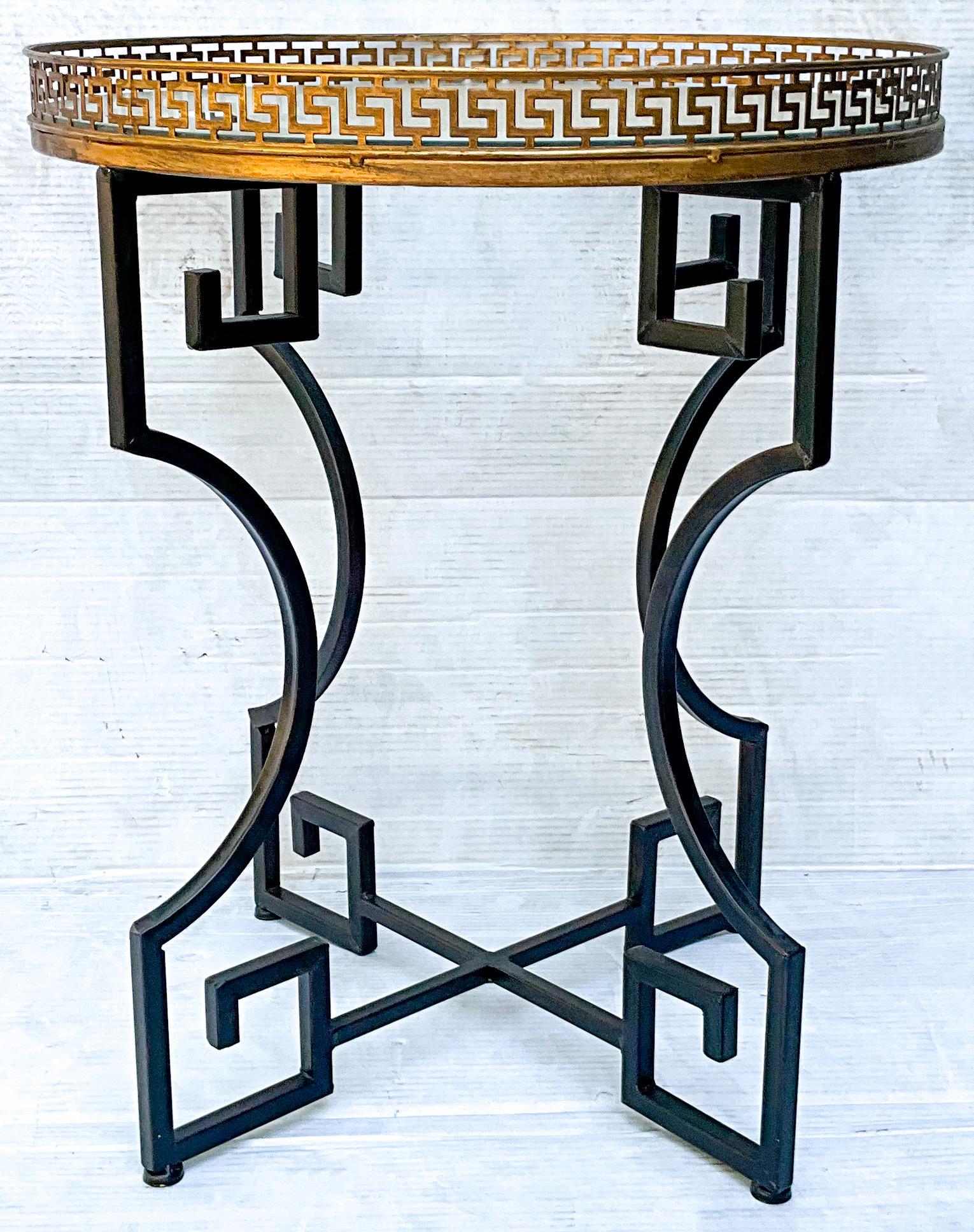 Metal Neo-Classical Style Greek Key And Brass Glass Top Side / Drinks / Sofa Table For Sale