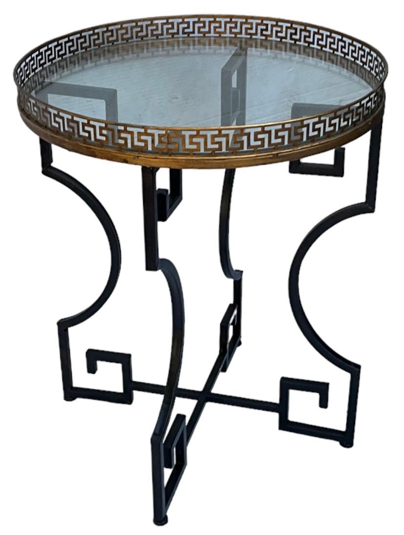 Neo-Classical Style Greek Key And Brass Glass Top Side / Drinks / Sofa Table For Sale 1