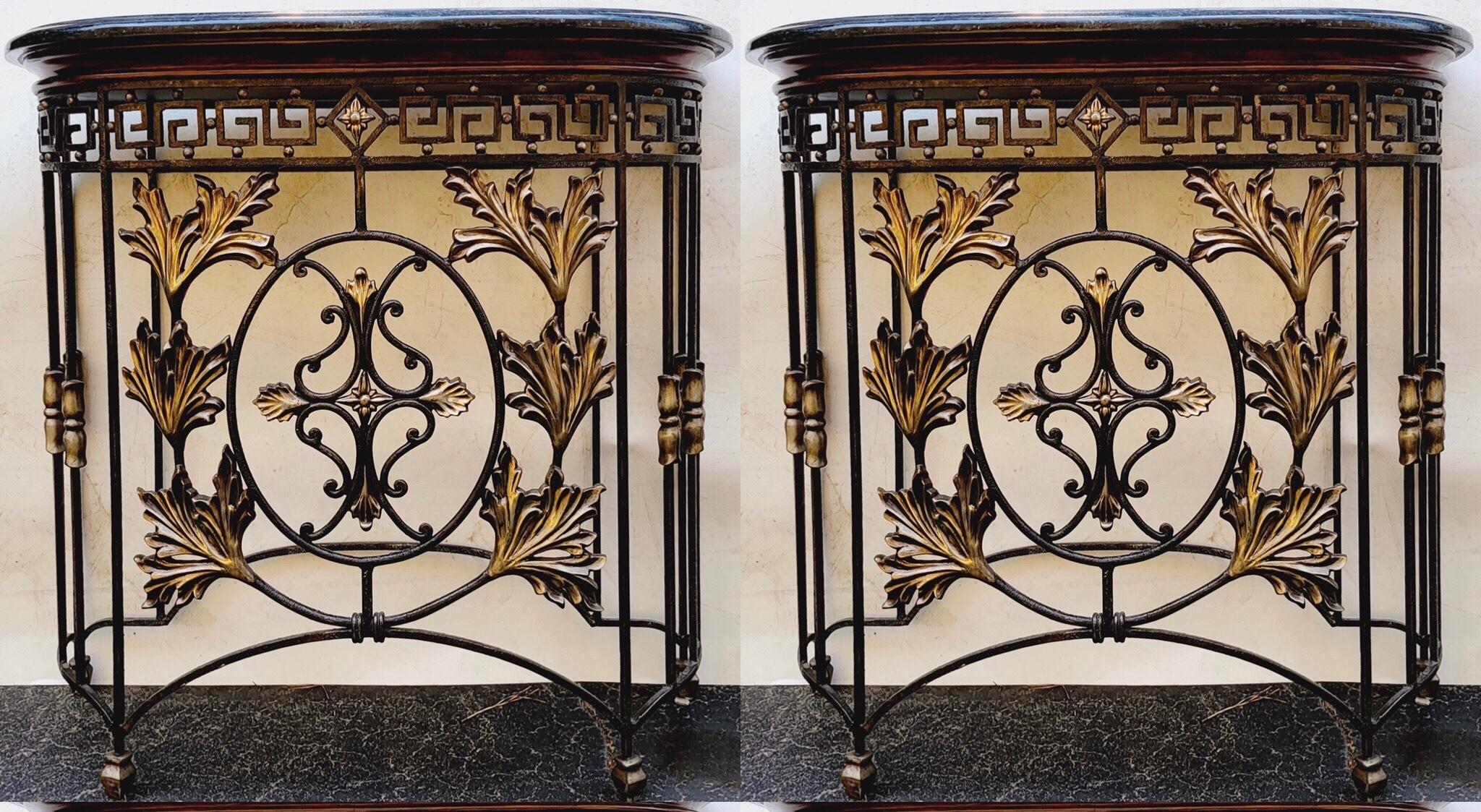Neo-Classical Style Iron, Bronze & Marble Console Tables Att. Maitland-Smith -2 In Good Condition In Kennesaw, GA