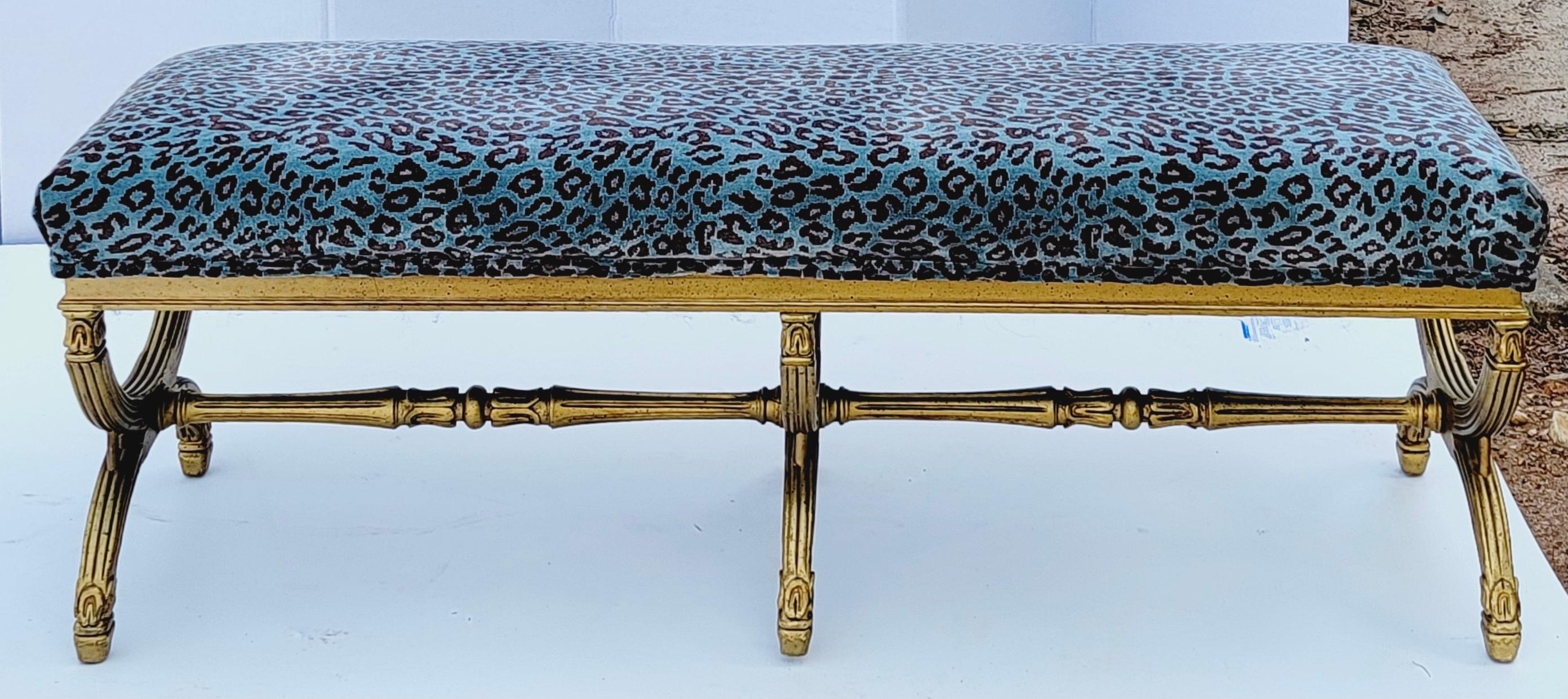 20th Century Neo-Classical Style Italian Giltwood Bench in Leopard Velvet