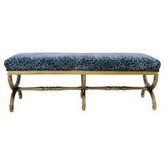 Vintage Neo-Classical Style Italian Giltwood Bench in Leopard Velvet