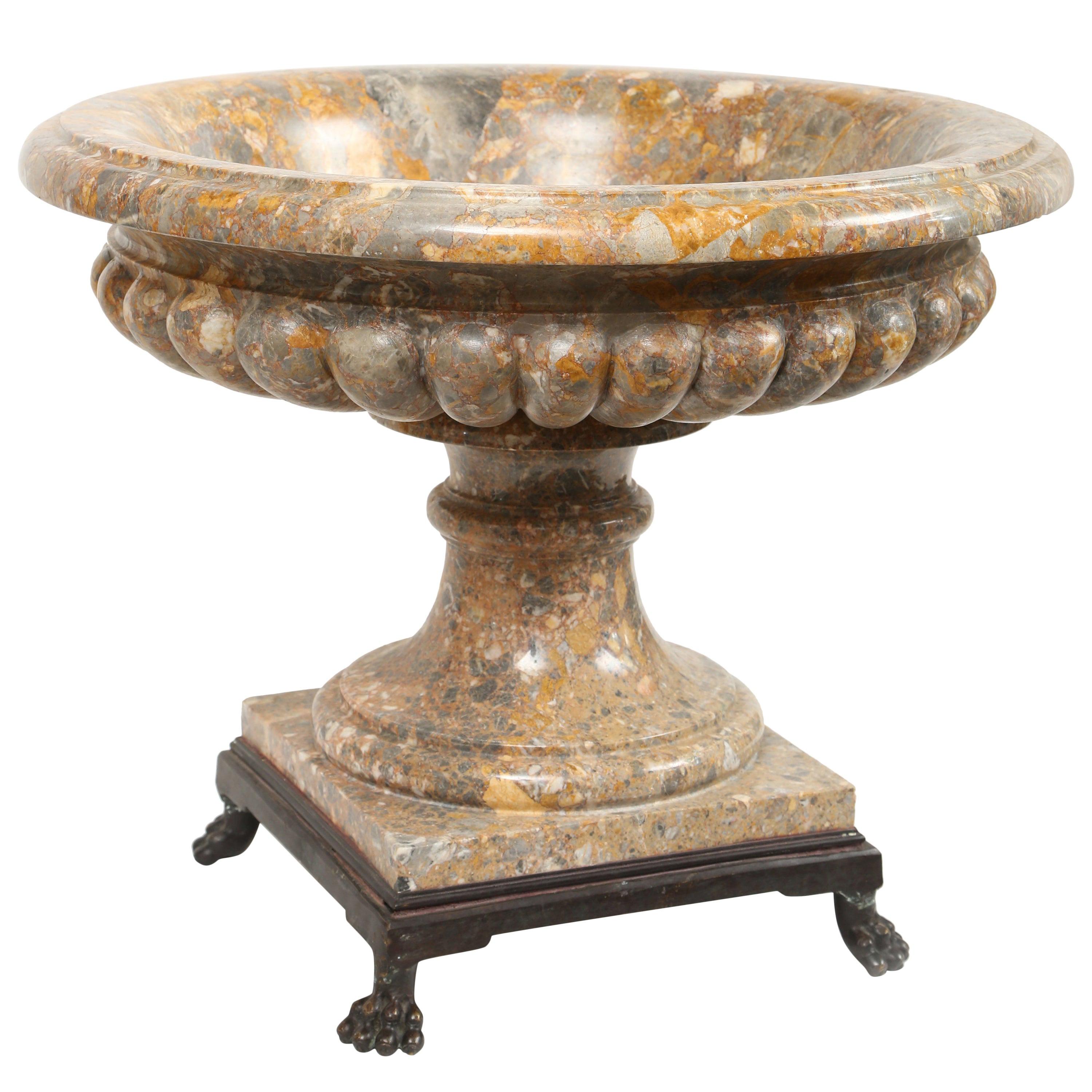 Marble NeoClassical Urn/Tazza on Iron Base with Lion's Paw Feet