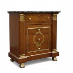 Neo-Classical Style Mahogany & Brass Marble Top Chests Side Tables - Pair
