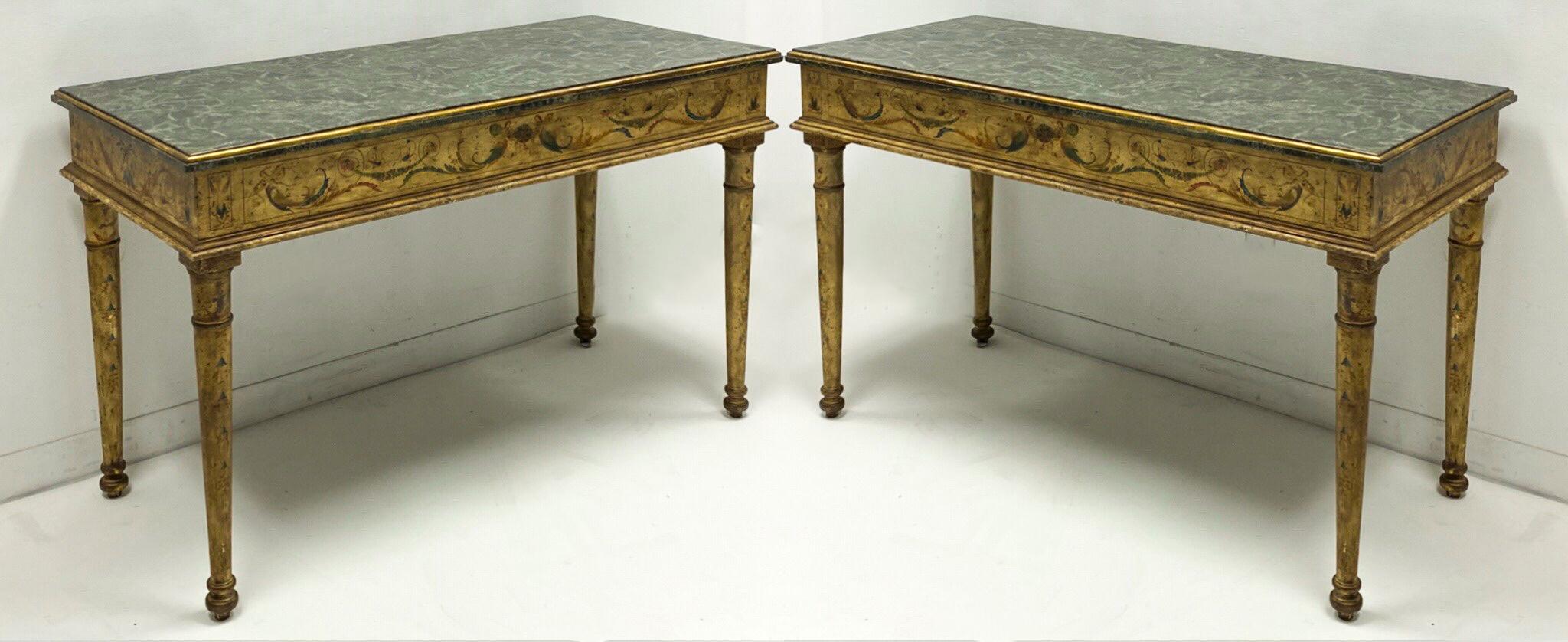 Neo-Classical Style Marble Top Painted Console Tables by Maitland-Smith, Pair For Sale 1