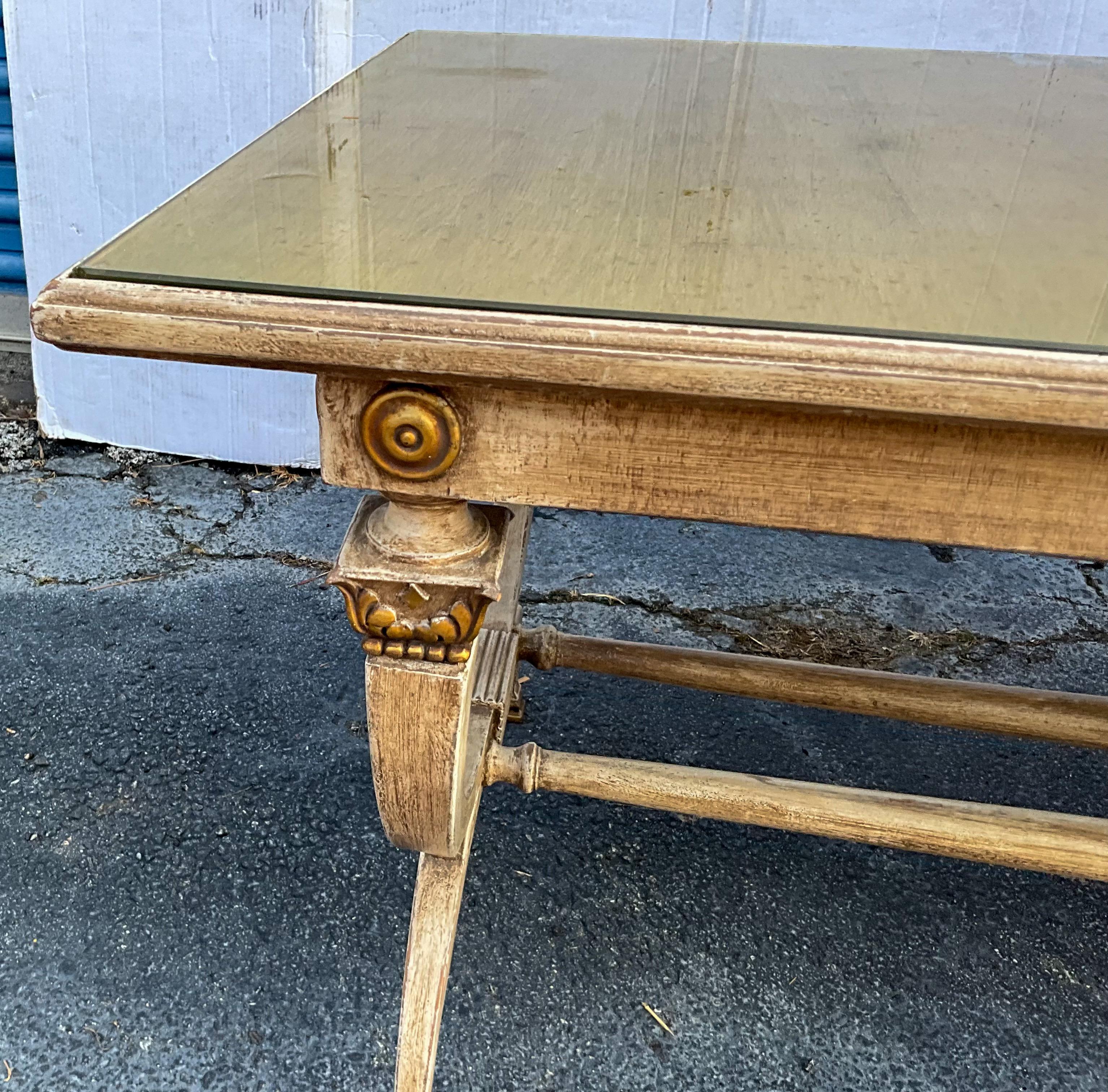 Glass Neo-Classical Style Painted Coffee Table W/ Gold Leaf In The Manner of Jansen For Sale