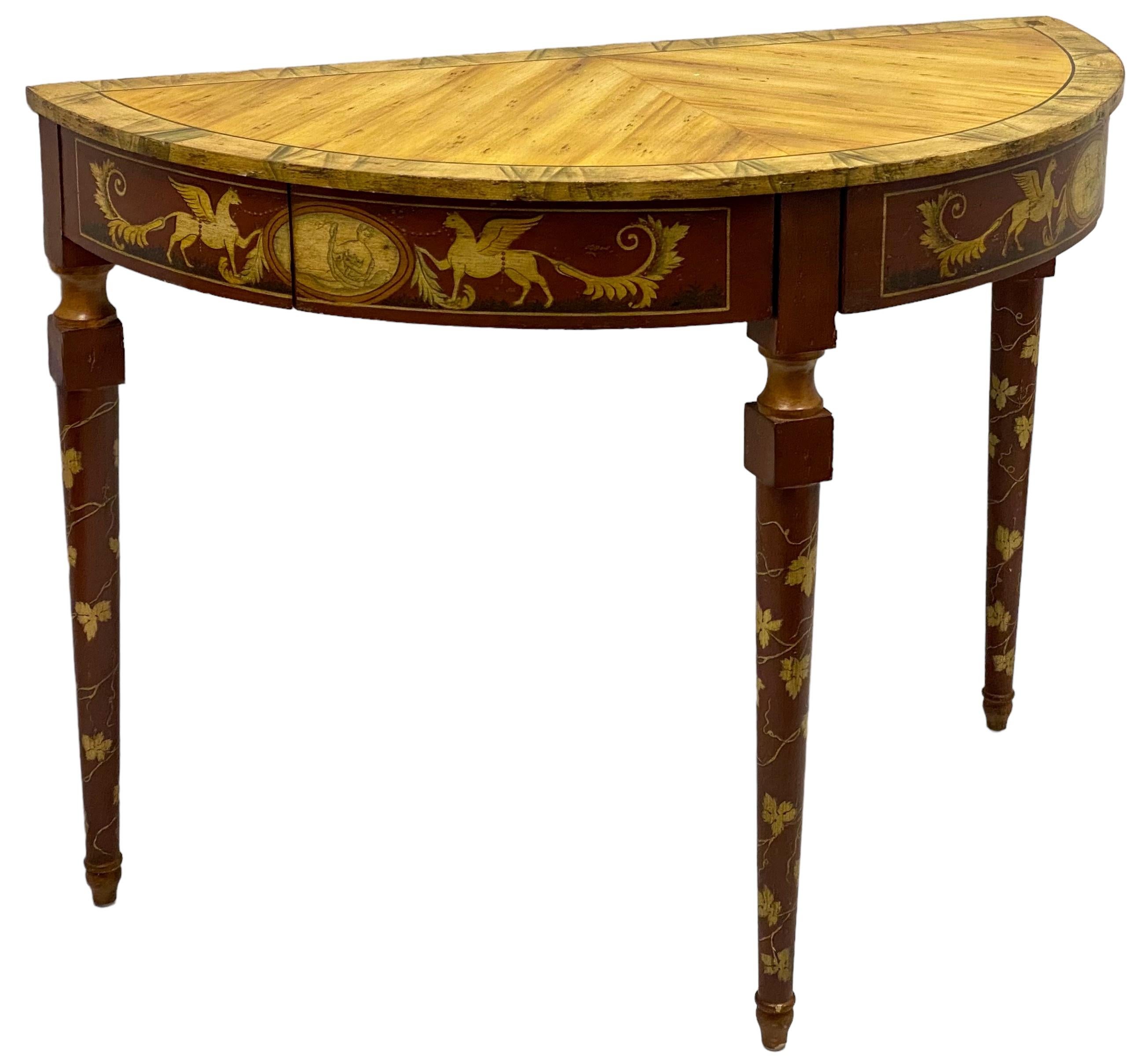 This is a hand painted neo-classical style console table By Chelsea House. The top has a faux marble finish and two frieze drawers. It rests on tapered legs the have a painted ivy foliate. It is marked and in very good condition.