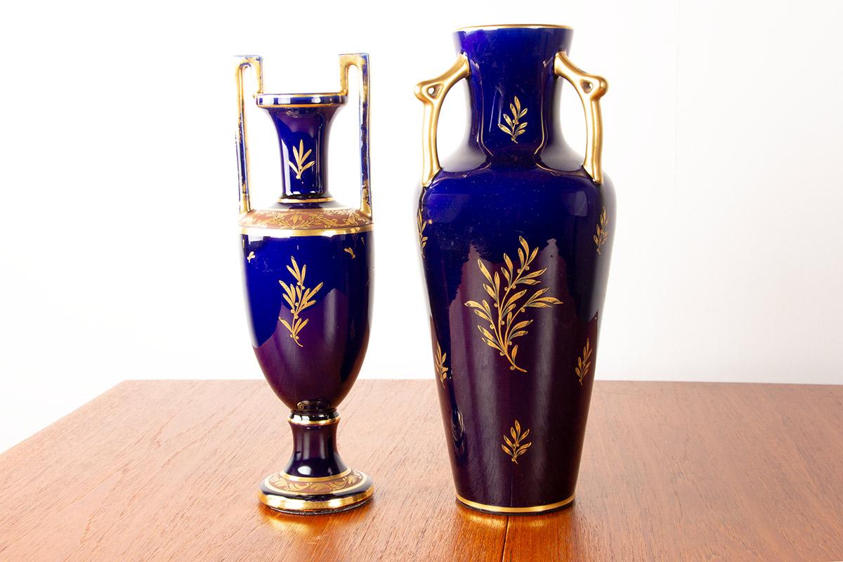 Neo-Classical style porcelain vase, cobalt blue+gold motifs, Pinon-Heuzé 1930. For Sale 4