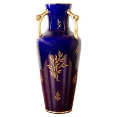Neo-Classical style porcelain vase, cobalt blue+gold motifs, Pinon-Heuzé 1930.