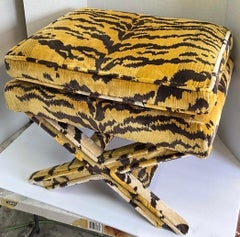 Neo-Classical Style Scalamandre Tiger Velvet Upholstered X-Bench / Ottoman