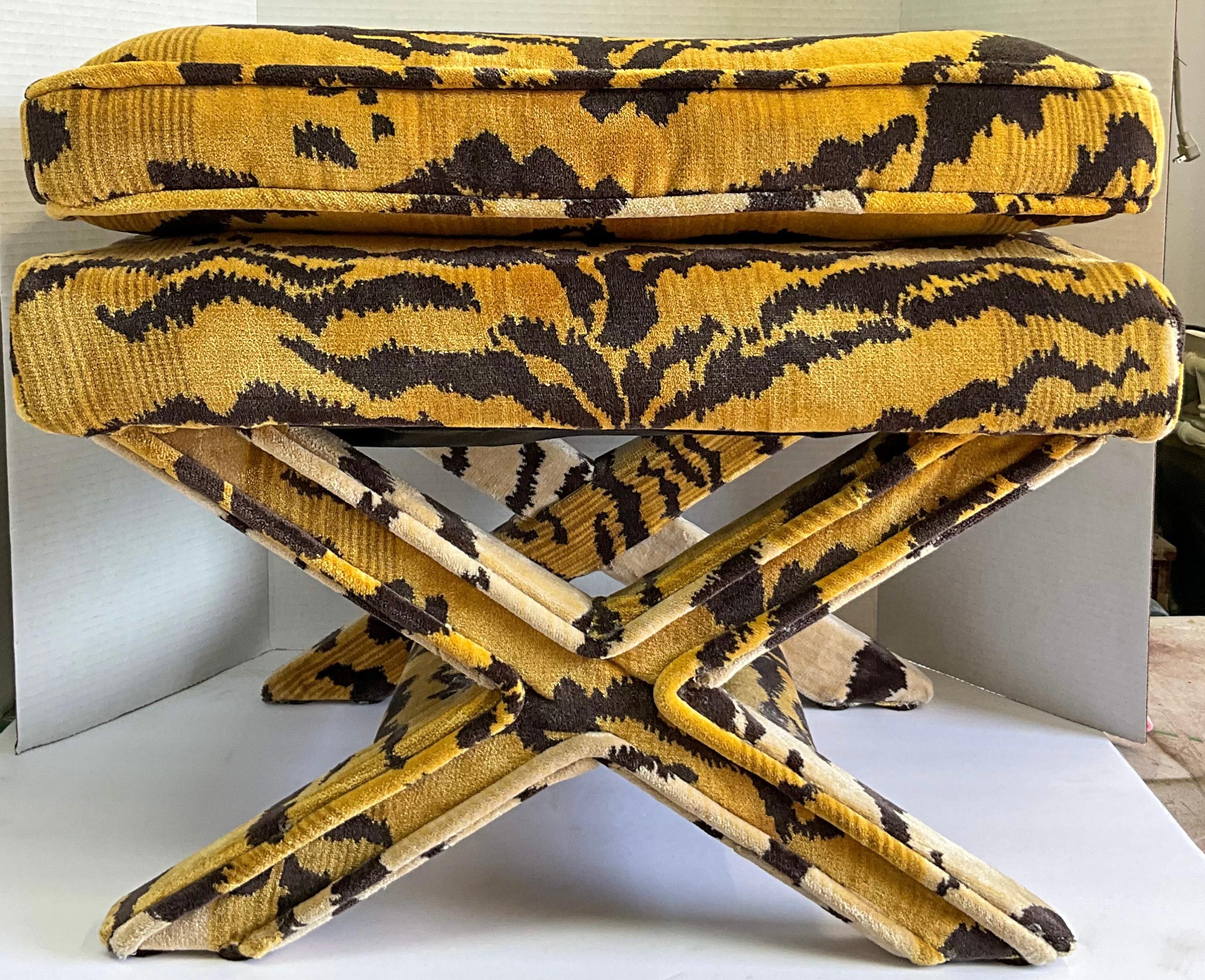 Neoclassical Neo-Classical Style Scalamandre Tiger Velvet Upholstered X-Bench / Ottoman 