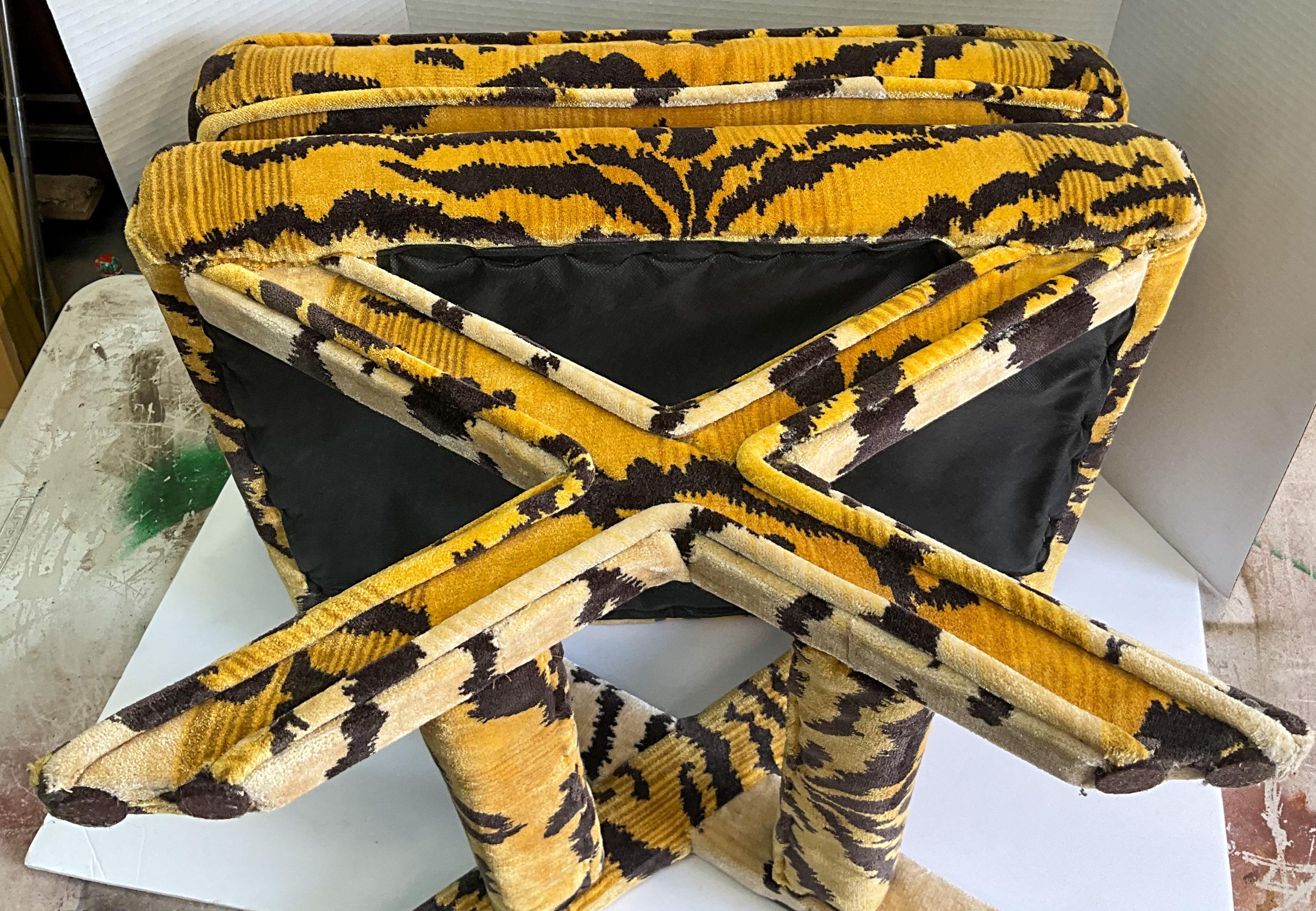 20th Century Neo-Classical Style Scalamandre Tiger Velvet Upholstered X-Bench / Ottoman 