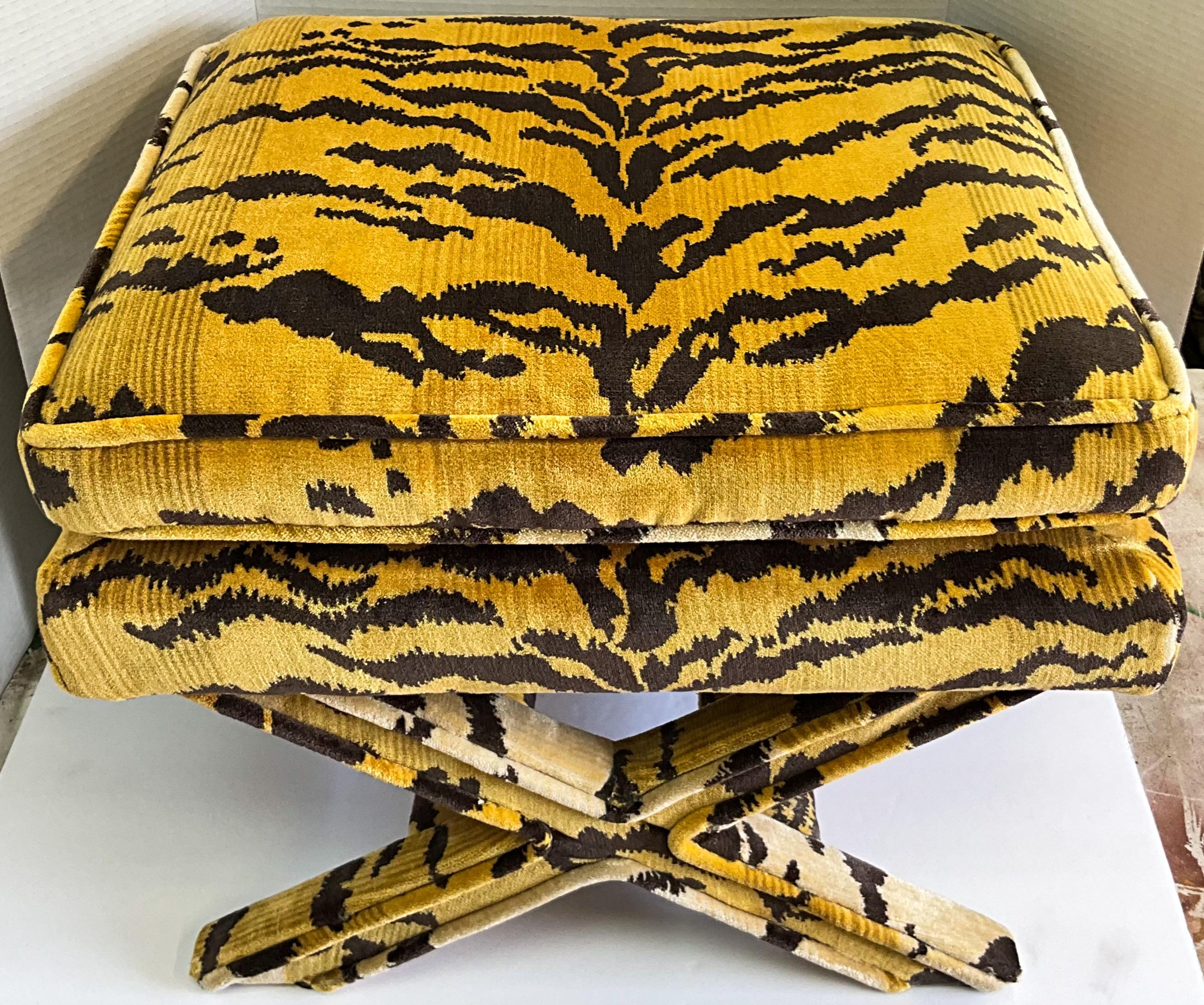 Upholstery Neo-Classical Style Scalamandre Tiger Velvet Upholstered X-Bench / Ottoman 