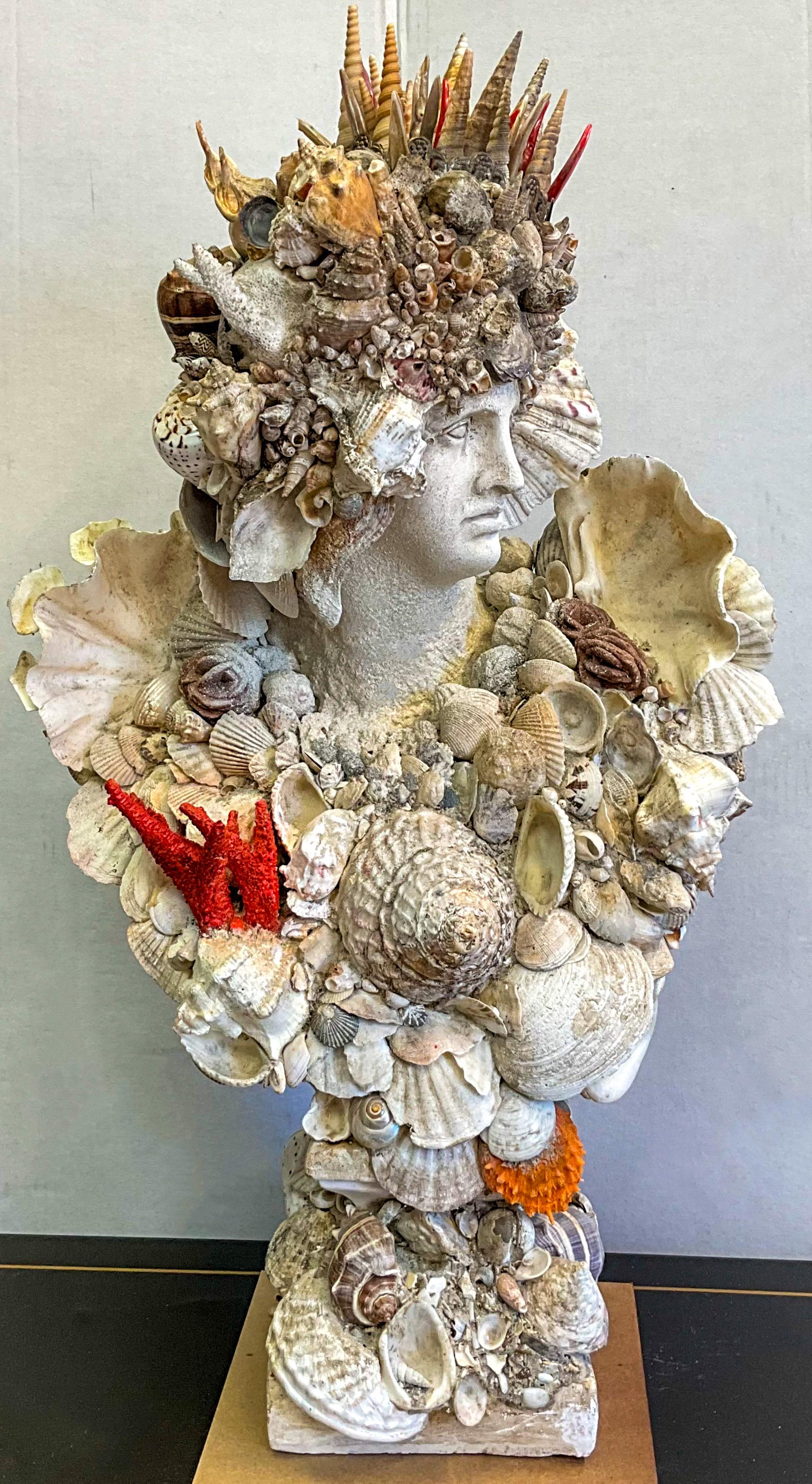 Neo-Classical Style Shell Encrusted Cast Plaster Bust W/ Coral, Clam & Crown In Good Condition In Kennesaw, GA
