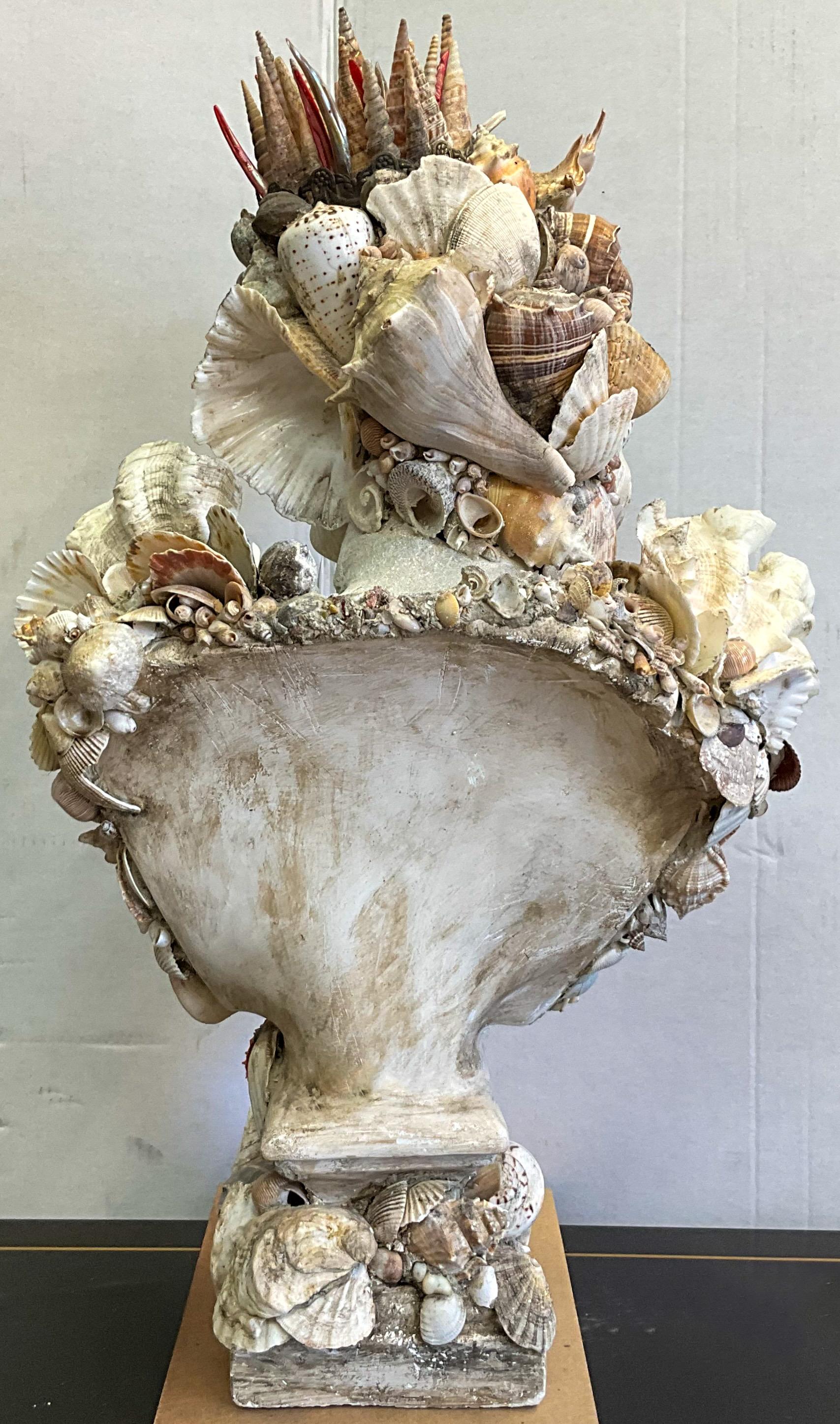 20th Century Neo-Classical Style Shell Encrusted Cast Plaster Bust W/ Coral, Clam & Crown