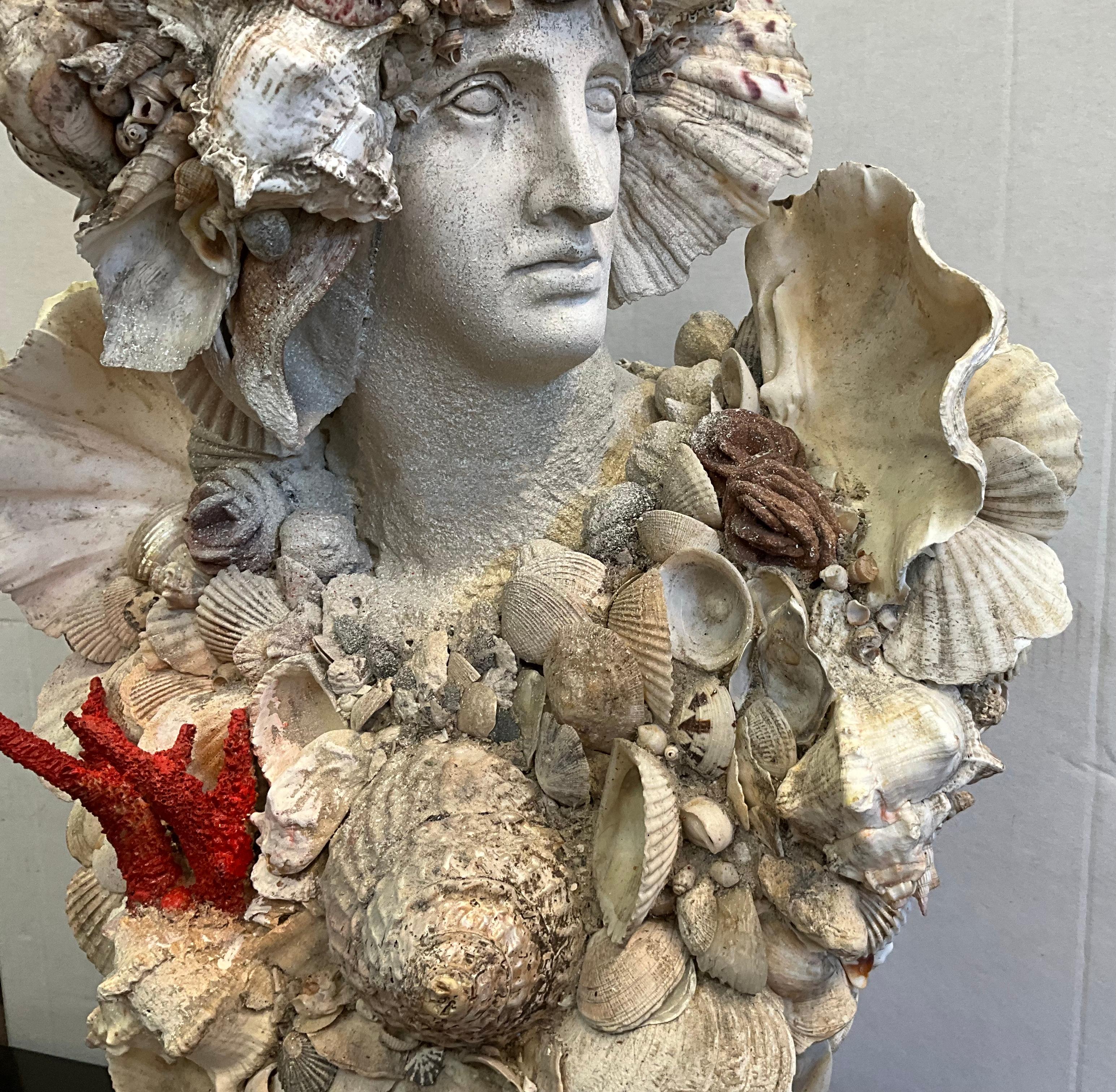 Neo-Classical Style Shell Encrusted Cast Plaster Bust W/ Coral, Clam & Crown 1