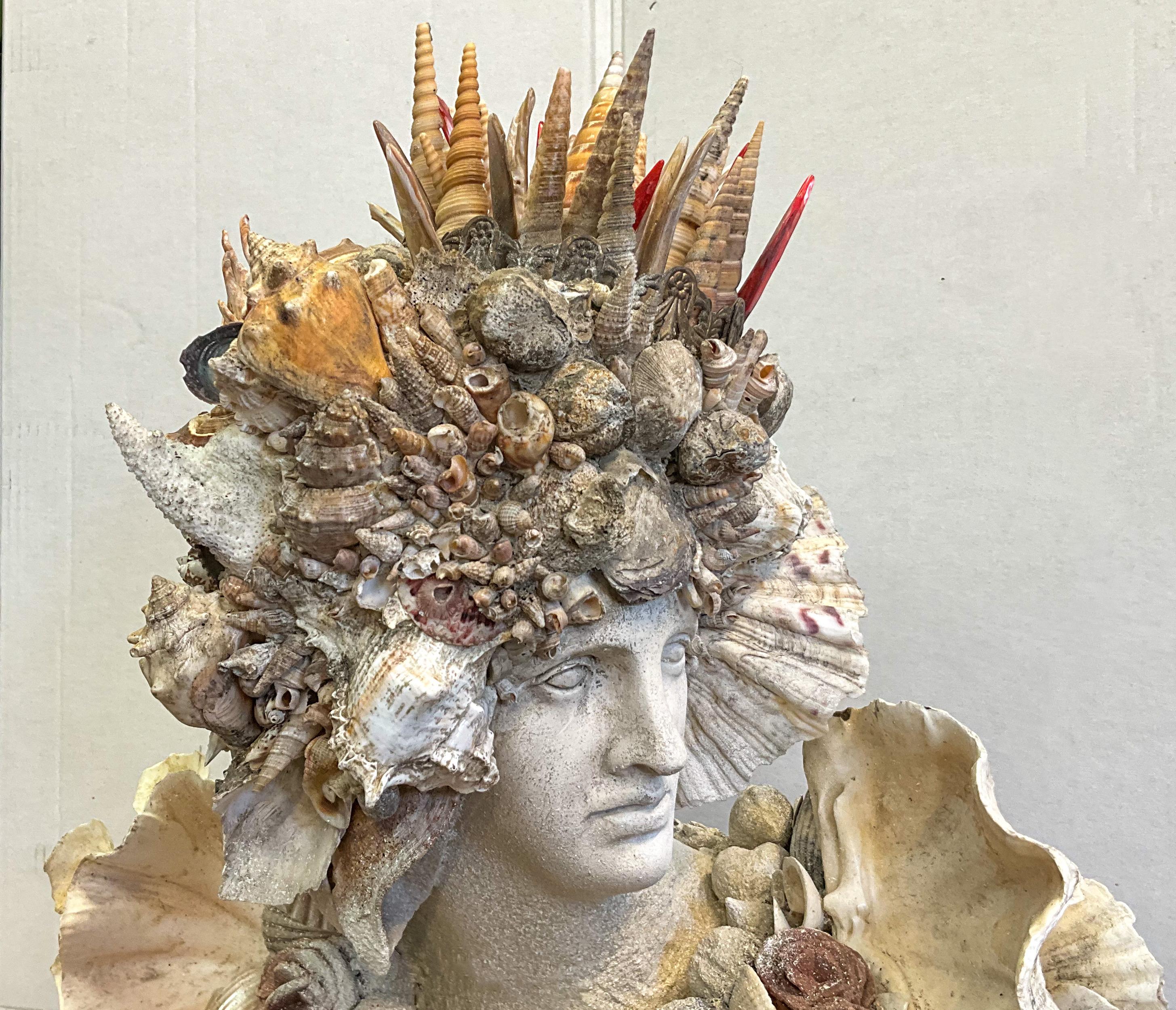 Neo-Classical Style Shell Encrusted Cast Plaster Bust W/ Coral, Clam & Crown 2