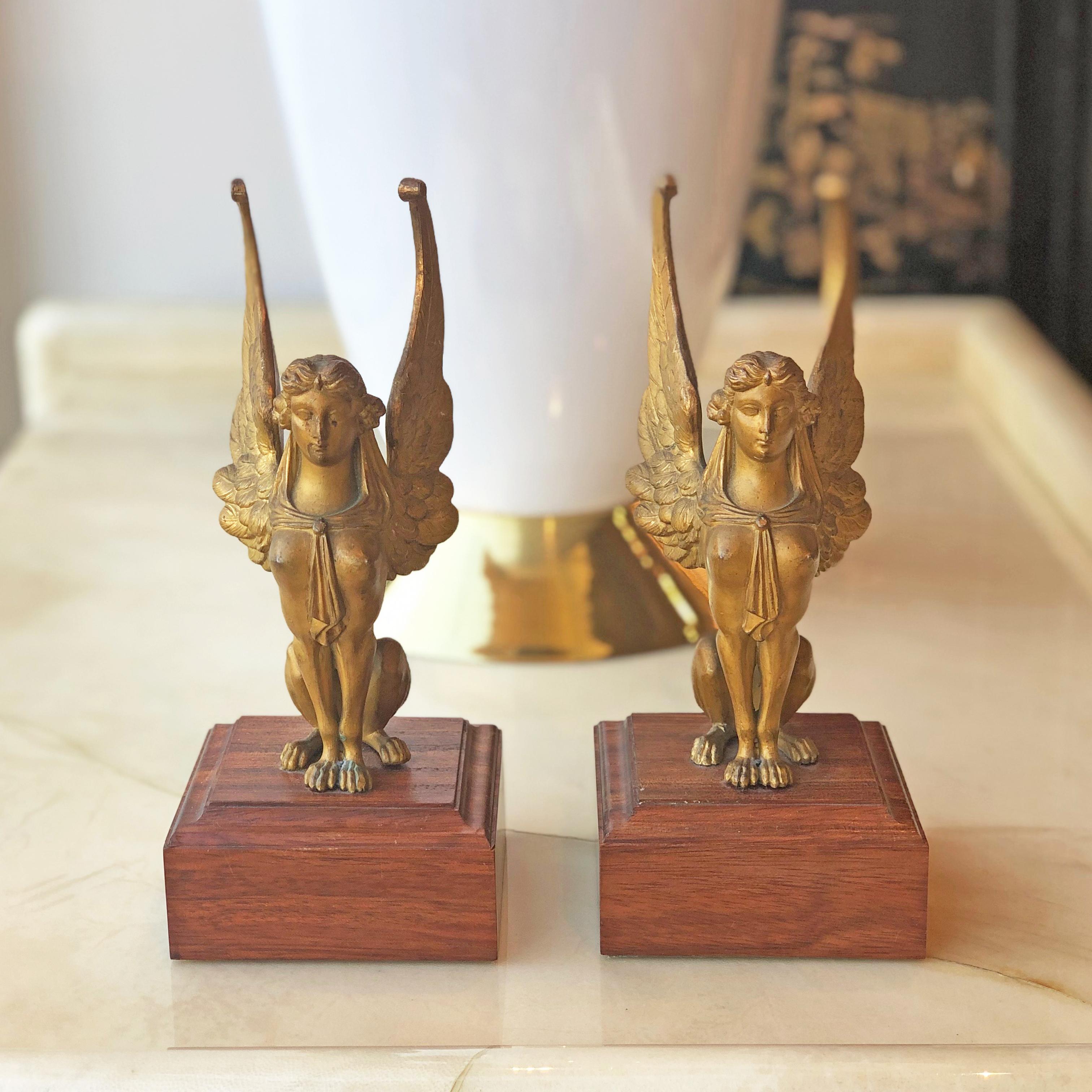 A pair of neoclassical style gilt (zinc casting) Sphinx bookends, mounted on square wooden plinth. Sold as a pair.

Measures: 10 W x 10 D x 23 H cm.

Good vintage condition.