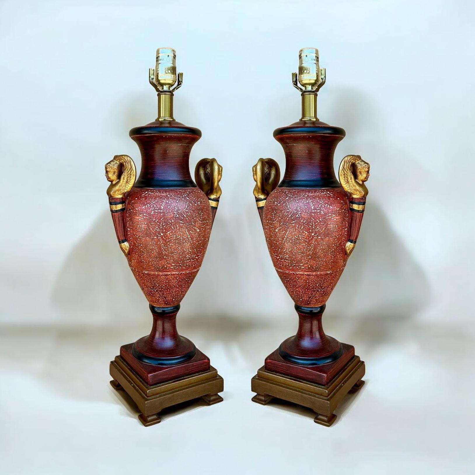 This is a handsome pair of neo-classical style table lamps by Frederick Cooper. The colors are right on trend this season. The switch is on the cord, and they are in working order. The bulb is three way / 150 . They are marked. 